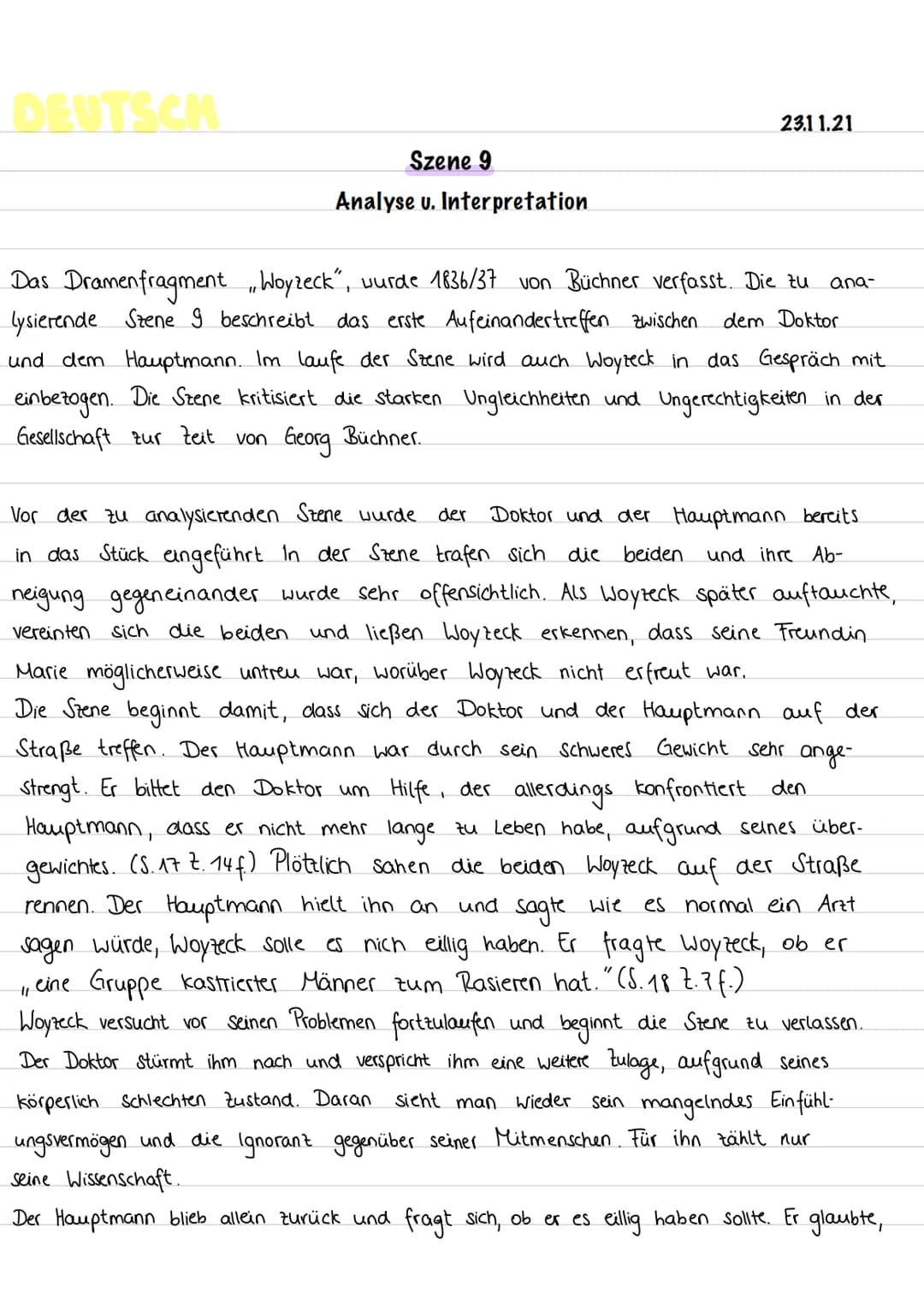 DEUTSCH
Szene 9
Analyse u. Interpretation
23.11.21
dem Doktor
Das Dramen fragment „Woyzeck", wurde 1836/37 von Büchner verfasst. Die zu
lysi