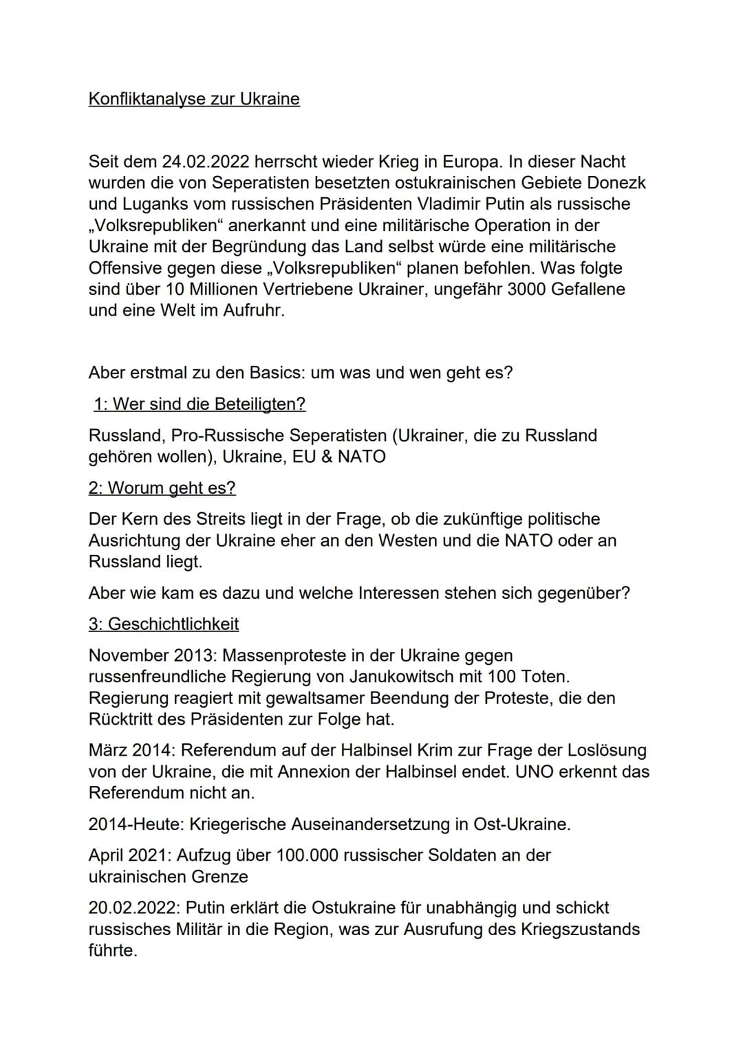 Konfliktanalyse zur Ukraine
Seit dem 24.02.2022 herrscht wieder Krieg in Europa. In dieser Nacht
wurden die von Seperatisten besetzten ostuk