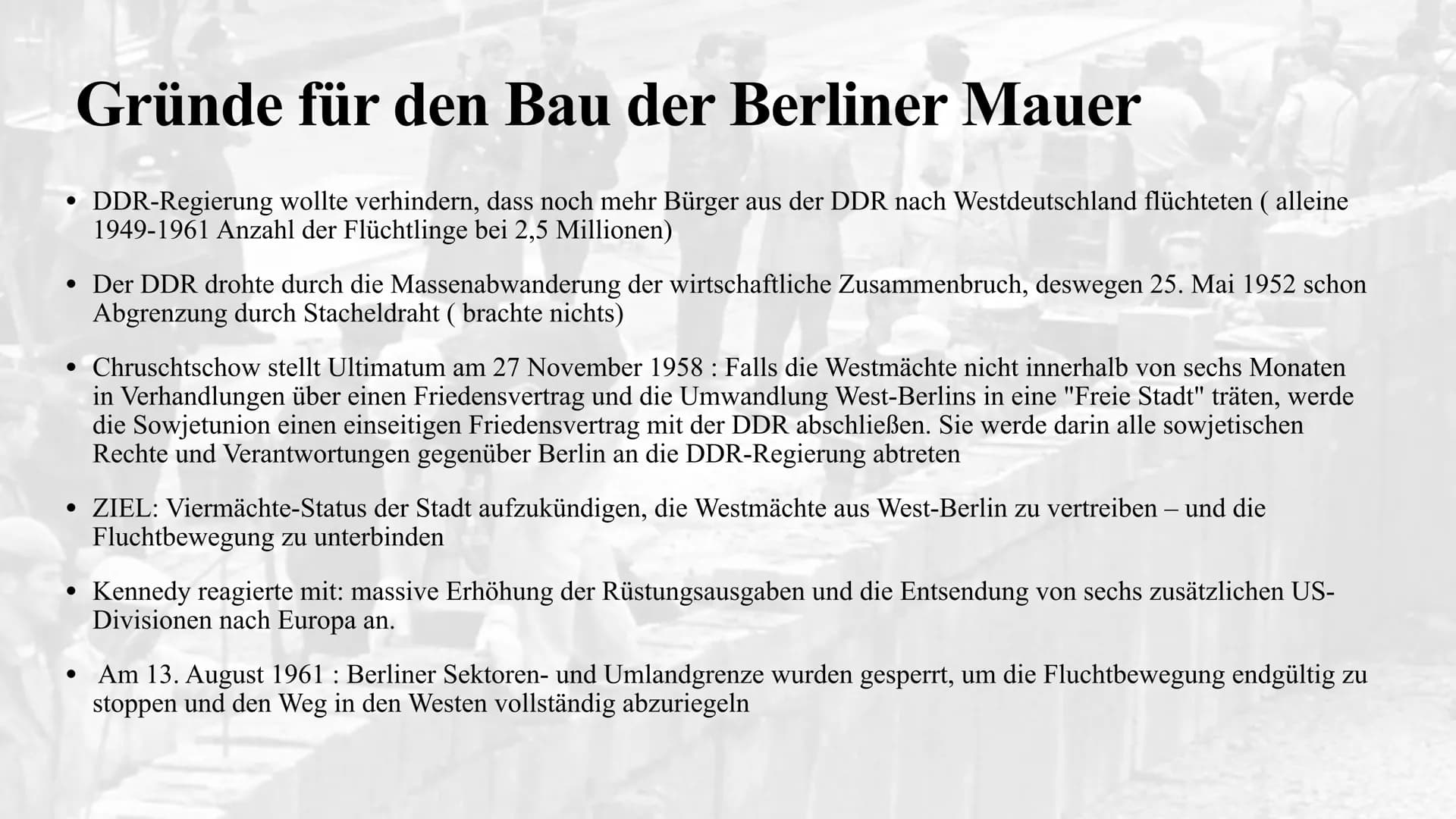 Der Mauerbau 1961
Julia Jost und Melina Berg
UZEL Inhaltsangabe
Allgemeine Fakten zur Mauer
•
Aufbau der Mauer
• Gründe für den Bau der Berl