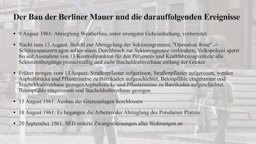 Der Mauerbau 1961
Julia Jost und Melina Berg
UZEL Inhaltsangabe
Allgemeine Fakten zur Mauer
•
Aufbau der Mauer
• Gründe für den Bau der Berl