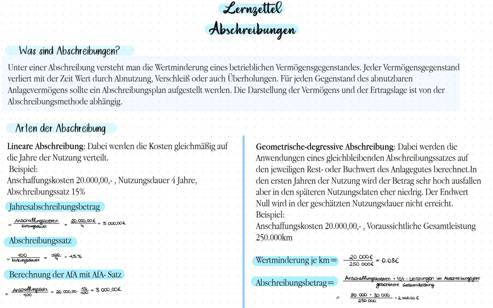 # Lernzettel
# Abschreibungen
Was sind Abschreibungen?
Unter einer Abschreibung versteht man die Wertminderung eines betrieblichen Vermögens
