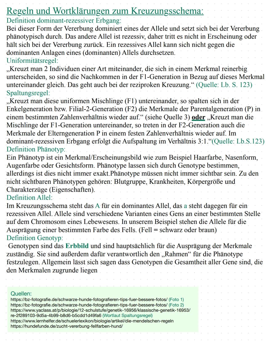 Regeln und Wortklärungen zum Kreuzungsschema:
Definition dominant-rezessiver Erbgang:
Bei dieser Form der Vererbung dominiert eines der Alle