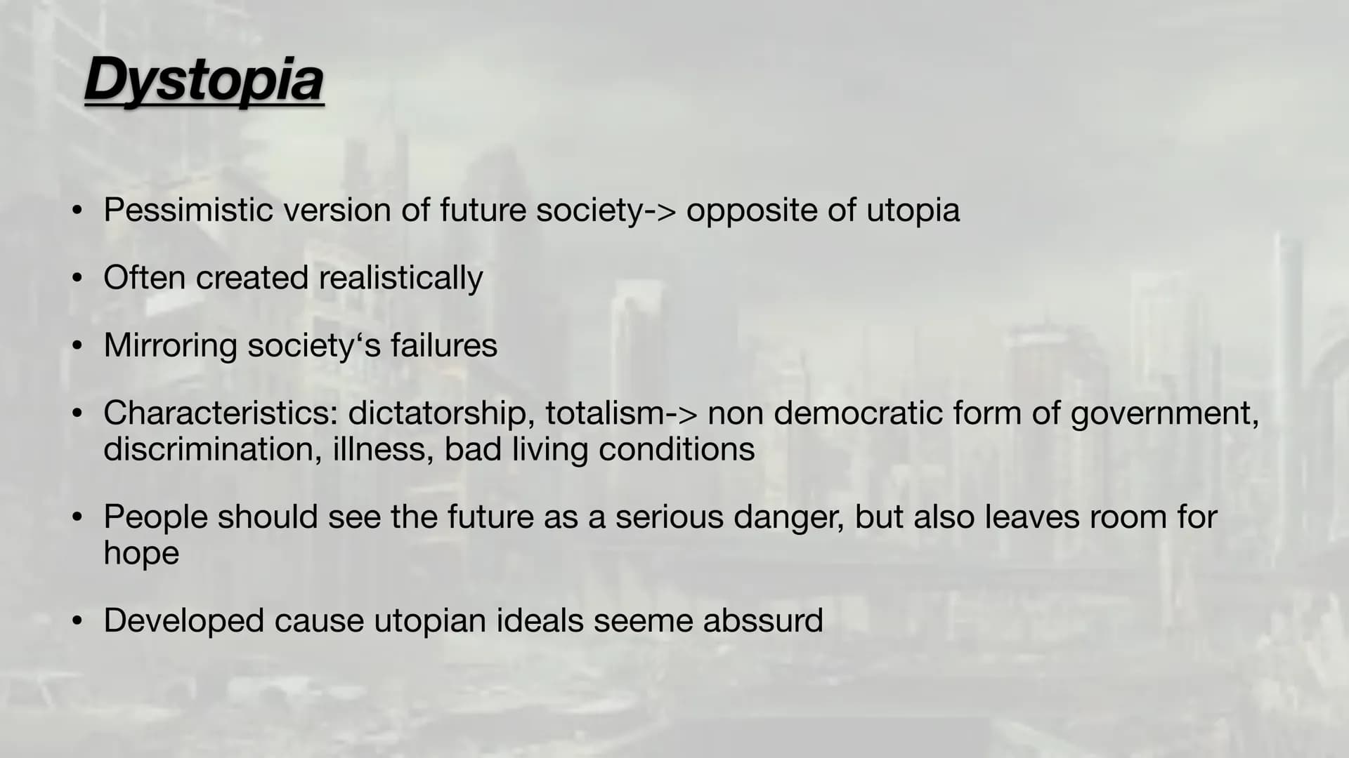 Utopia & Dystopia Content
1. Definition/ characteristics of dystopia & utopia
2. Common aspects
3. Hunger games: Plot summary, dystopian/ ut