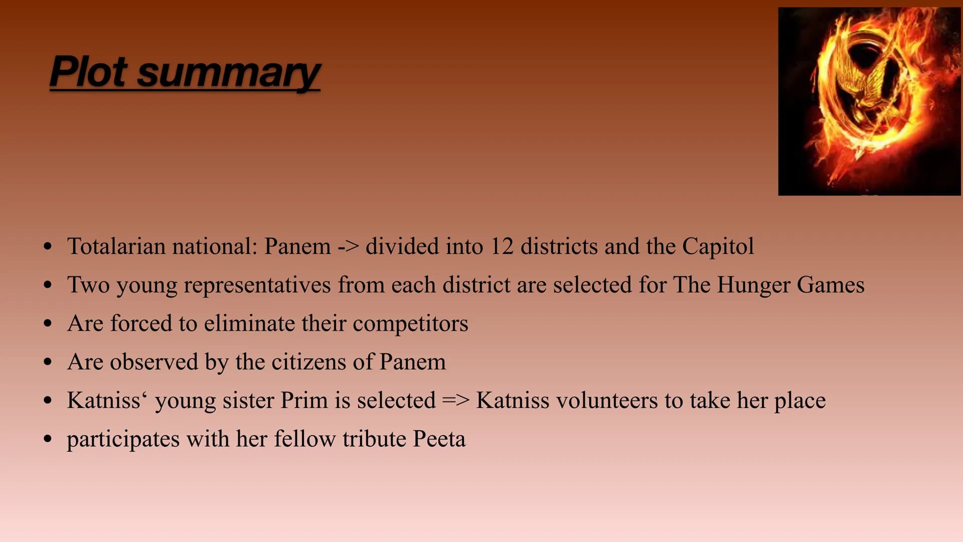 Utopia & Dystopia Content
1. Definition/ characteristics of dystopia & utopia
2. Common aspects
3. Hunger games: Plot summary, dystopian/ ut