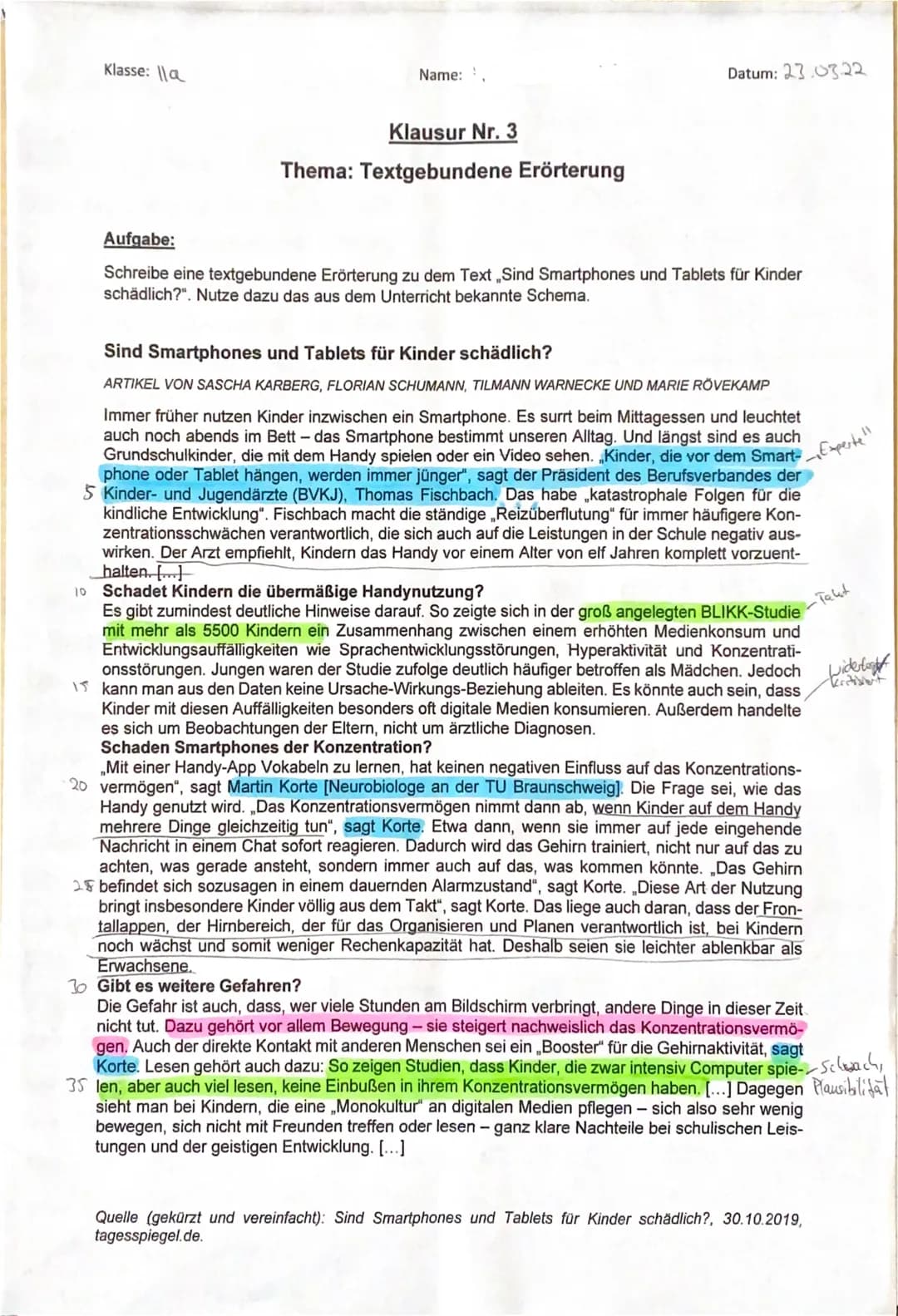 Klasse: la
Name:,
Klausur Nr. 3
Thema: Textgebundene Erörterung
Datum: 23.0322
Aufgabe:
Schreibe eine textgebundene Erörterung zu dem Text „