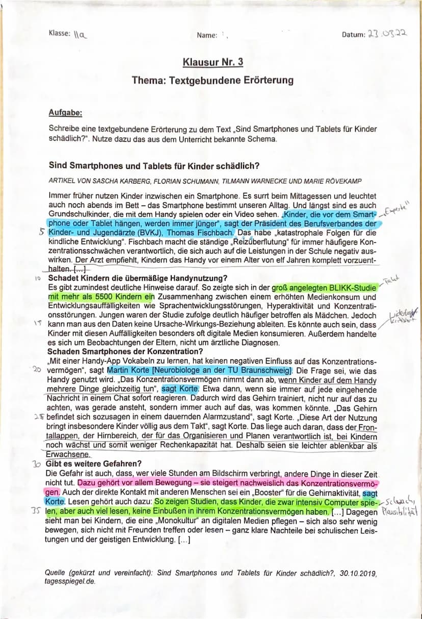Klasse: la
Name:,
Klausur Nr. 3
Thema: Textgebundene Erörterung
Datum: 23.0322
Aufgabe:
Schreibe eine textgebundene Erörterung zu dem Text „