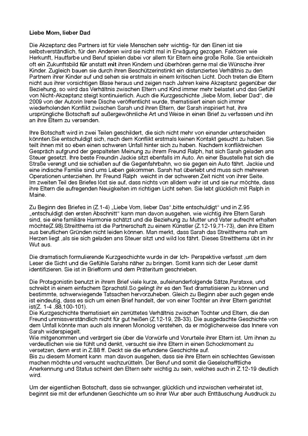 Liebe Mom, lieber Dad Kurzgeschichte Analyse