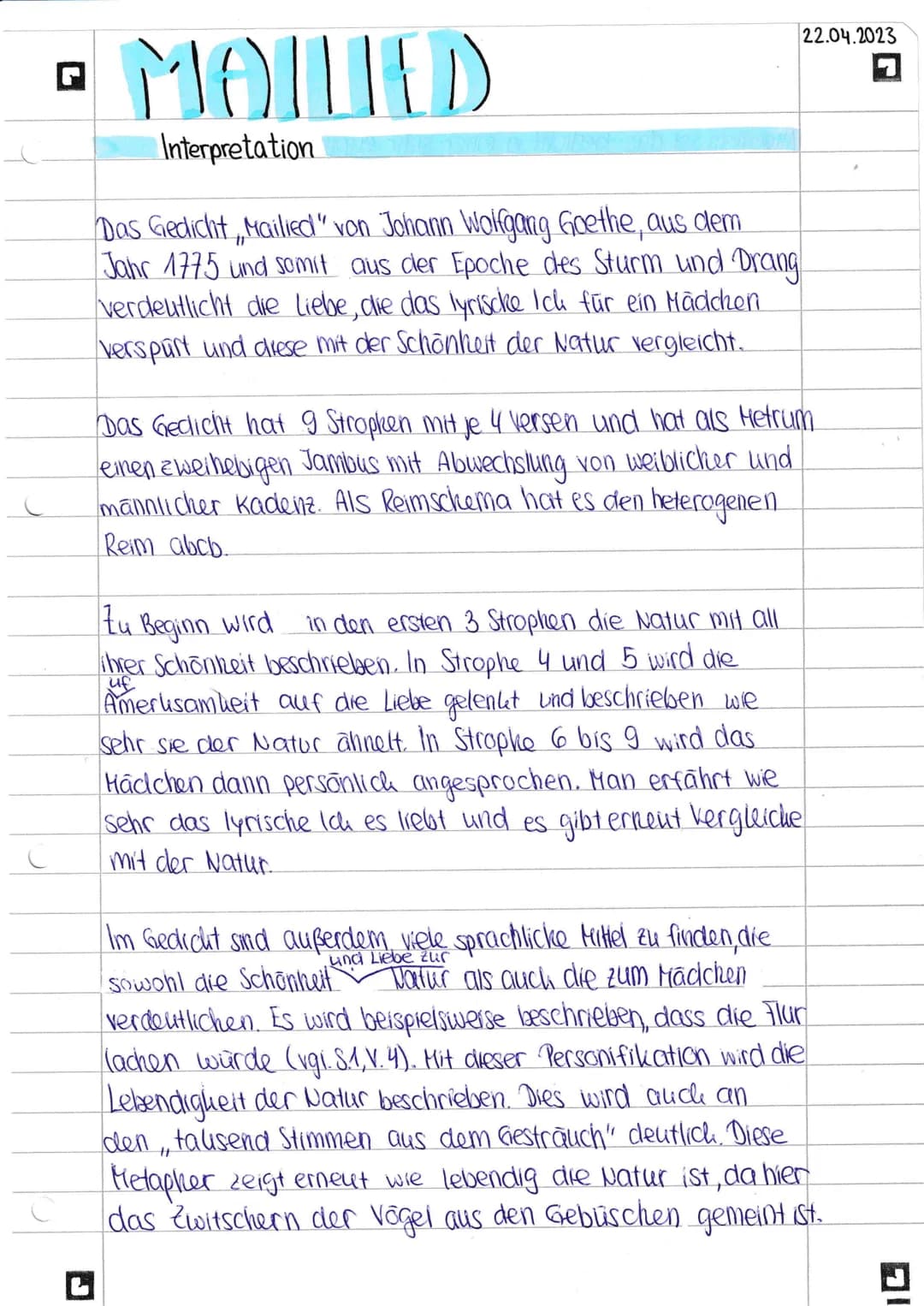 C
G
C
MOILLED
Interpretation
Das Gedicht, Mailied" von Johann Wolfgang Goethe, aus dem
Jahr 1775 und somit aus der Epoche des Sturm und Dran