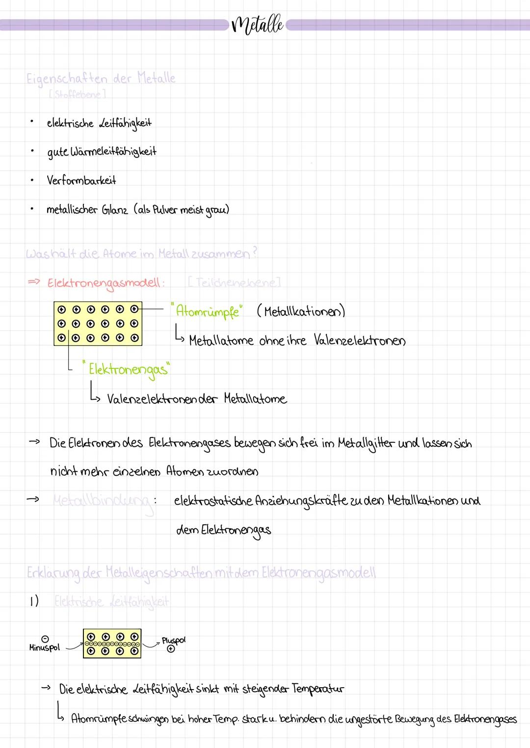# Metalle

Eigenschaften der Metalle
[Stoffenene]

- elektrische Leitfähigkeit
- gute Wärmeleitfähigkeit
- Verformbarkeit
- metallischer Gla