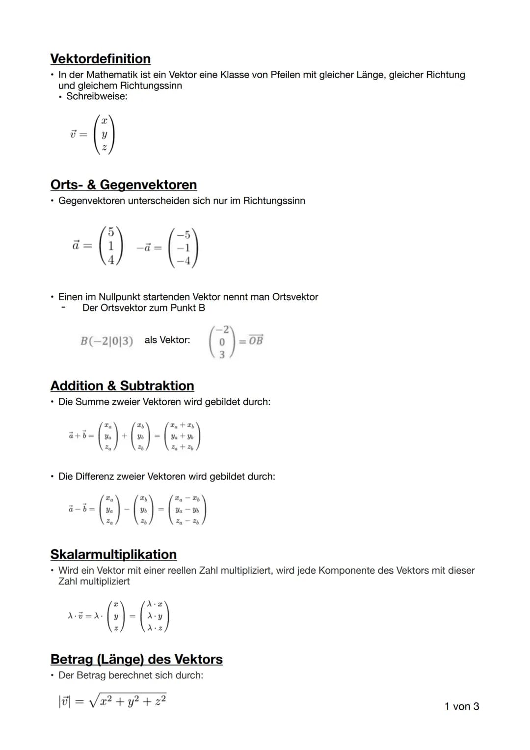 Vektordefinition
• In der Mathematik ist ein Vektor eine Klasse von Pfeilen mit gleicher Länge, gleicher Richtung
und gleichem Richtungssinn