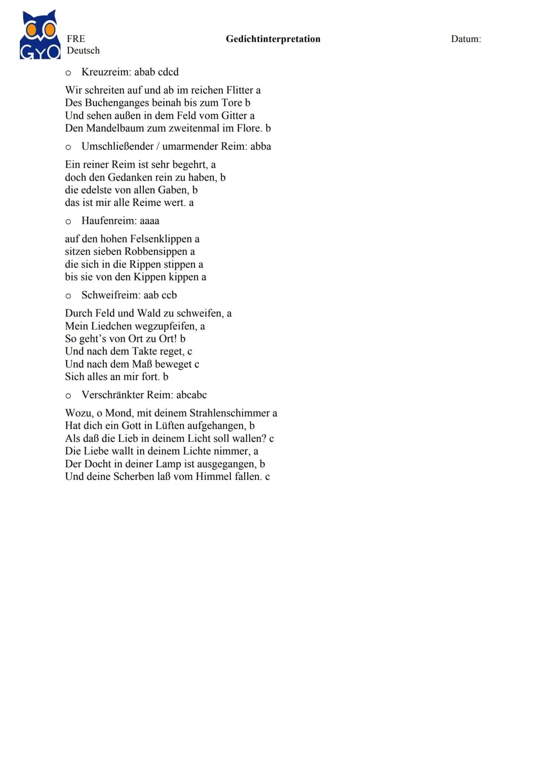 FRE
GYO Deutsch
Gedichtinterpretation
Die Gedichtinterpretation
Ziel: Inhalt wiedergeben, Form und Funktion beschreiben, Wirkung und Bedeutu
