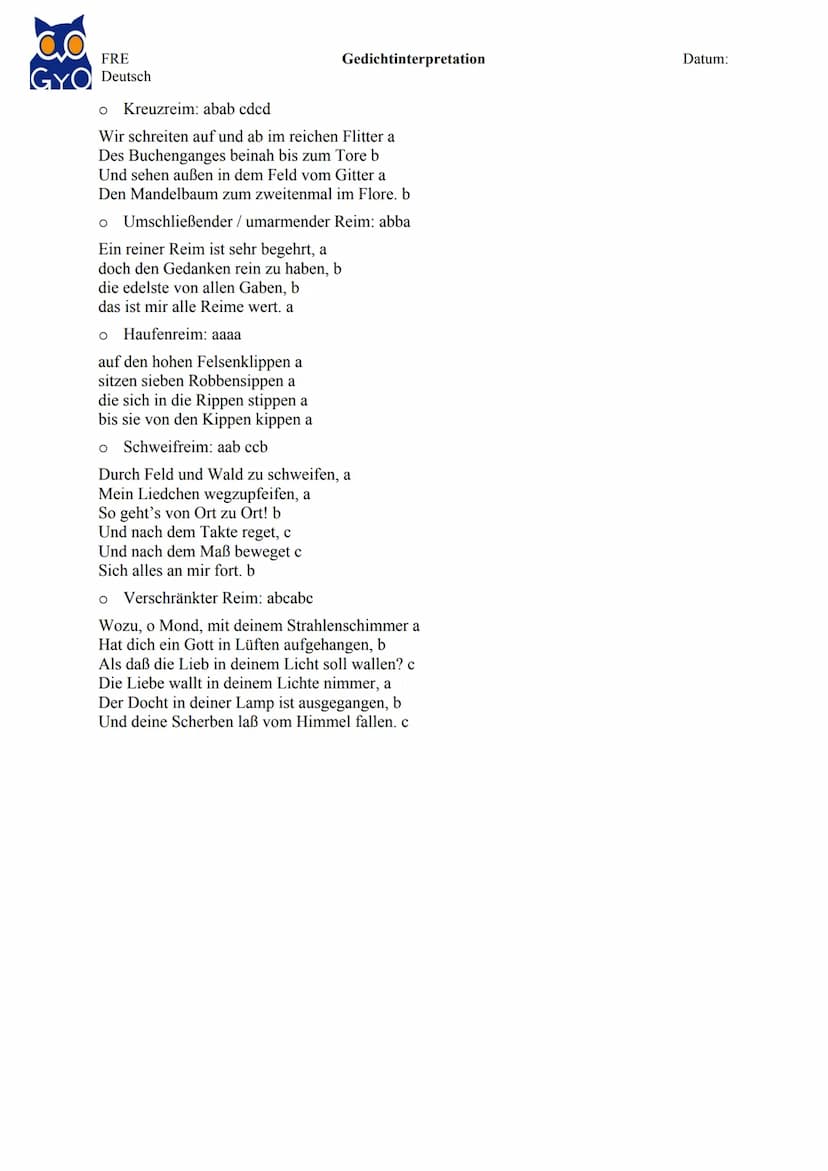 FRE
GYO Deutsch
Gedichtinterpretation
Die Gedichtinterpretation
Ziel: Inhalt wiedergeben, Form und Funktion beschreiben, Wirkung und Bedeutu