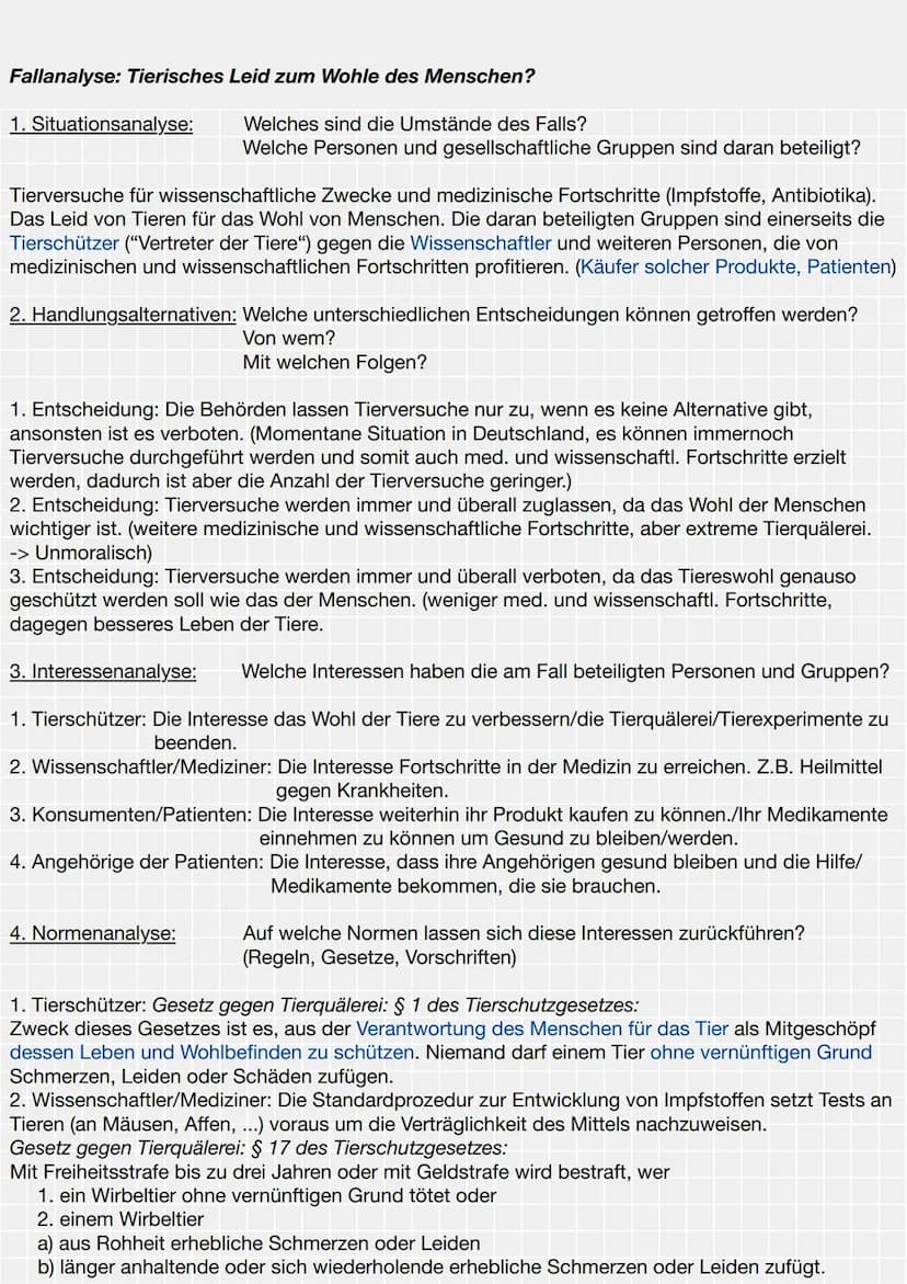 Fallanalyse: Tierisches Leid zum Wohle des Menschen?
1. Situationsanalyse:
Welches sind die Umstände des Falls?
Welche Personen und gesellsc
