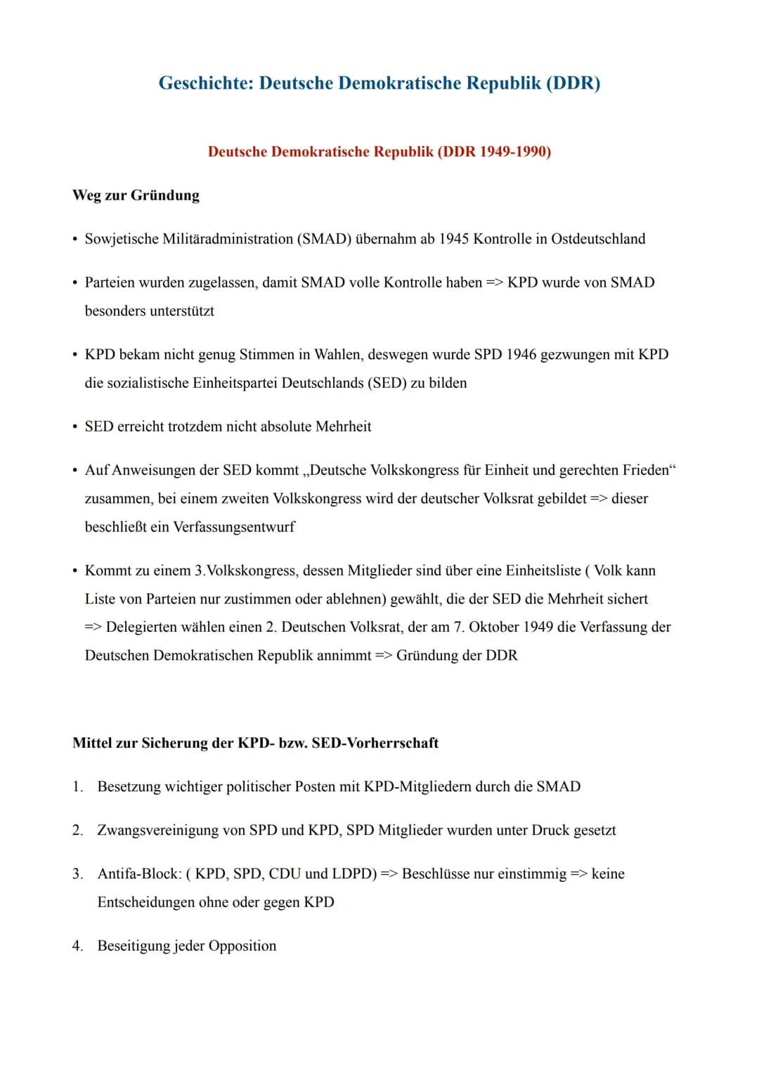 Geschichte: Deutsche Demokratische Republik (DDR)
Weg zur Gründung
Deutsche Demokratische Republik (DDR 1949-1990)
• Sowjetische Militäradmi