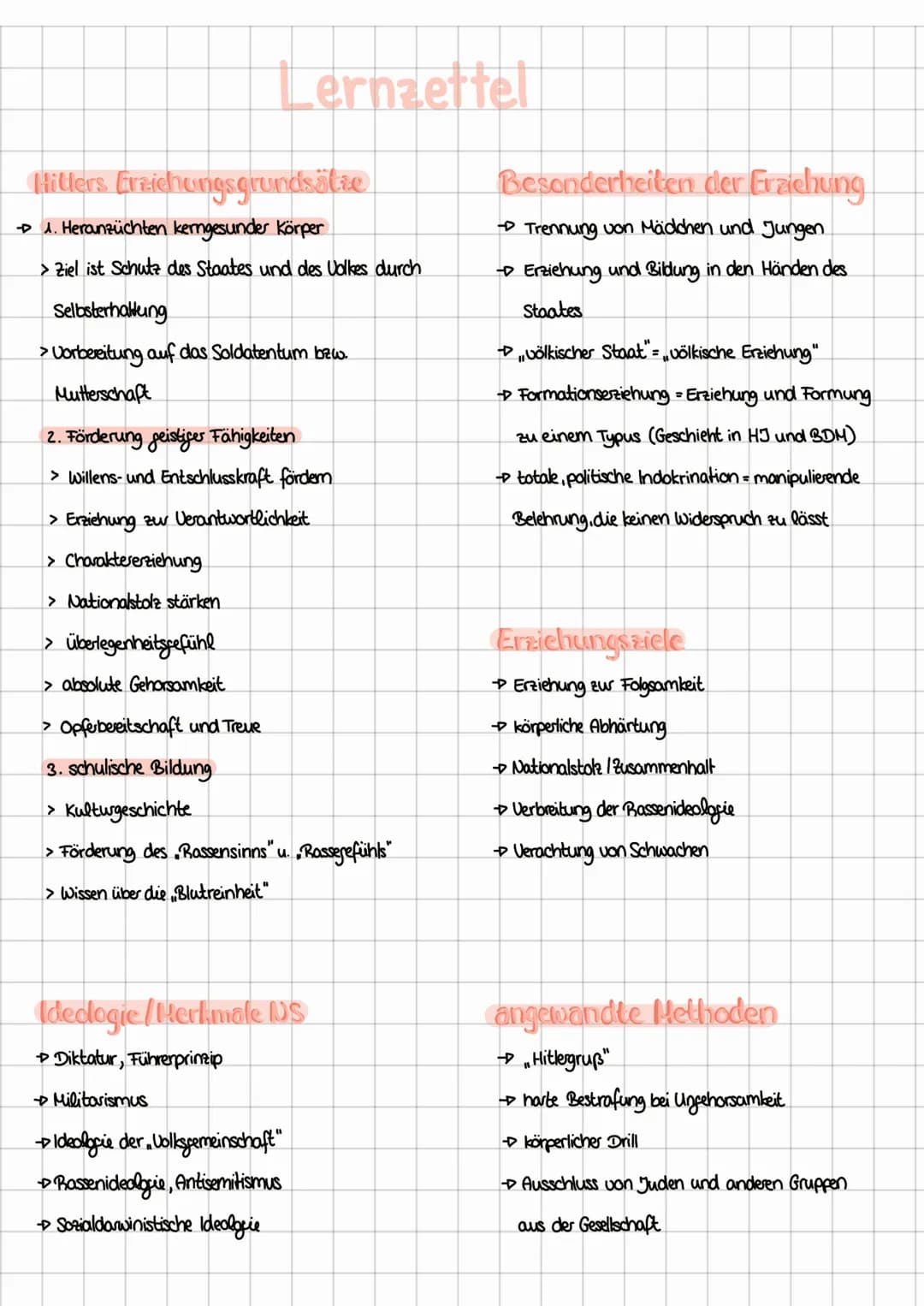Lernzettel
Hitlers Fraichungsgrundsätze
→ 1. Heranzüchten kerngesunder Körper
> Ziel ist Schutz des Staates und des Volkes durch
Selbsterhal