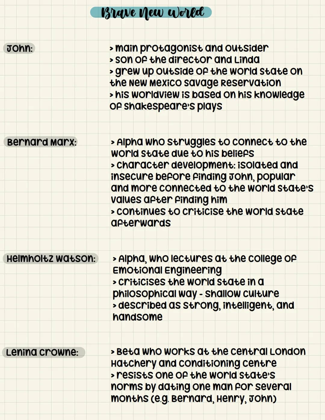 John:
Bernard Marx:
Helmholtz watson:
Lenina crowne:
Brave New World
> main protagonist and outsider
> Son of the director and Linda
> grew 
