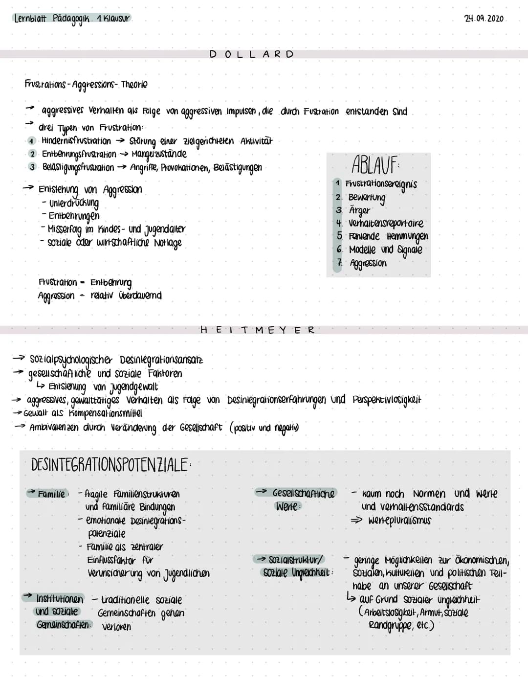 Lernblatt Pädagogik 1. Klausur.
Frustrations-Aggressions- Theorie
aggressives Verhalten als Folge von aggressiven Impulsen, die durch Fustra