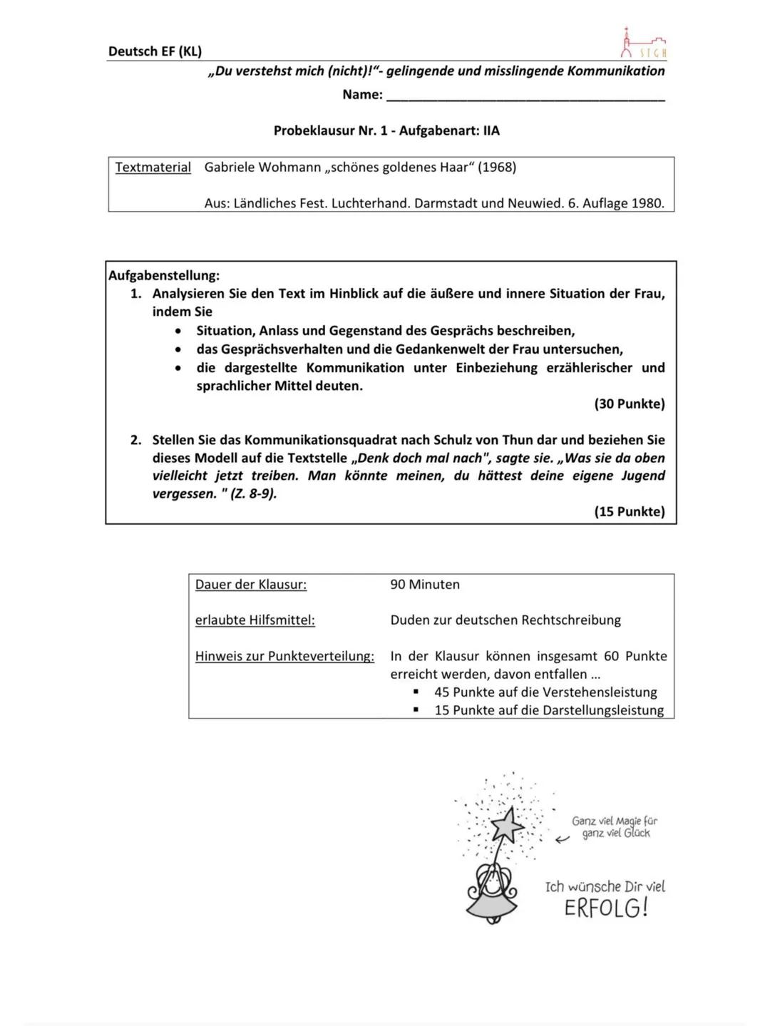 DEUTSCHKLAUSUR
16. September INHALT
F. Schulz von Thun
Kommunikation
O Kommunikationsanalyse
□ Probeklausur mit Erwartungshorizont Das Kommu