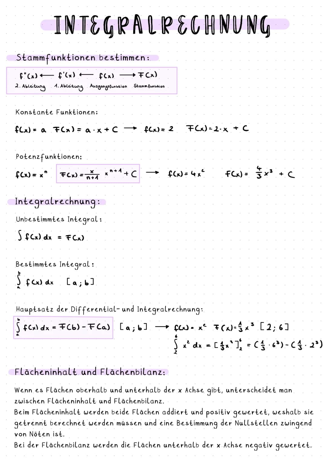 INTEGRALPECHNUNG
Stammfunktionen bestimmen:
f"(x) = f'(x) + f(x) →→→ F(x)
2. Ableitung 1. Ableitung Ausgangsfunution Stammfunution
Konstante