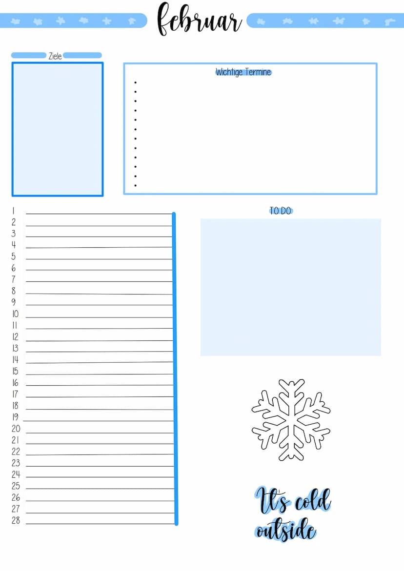 Planner 2022
FA w22222~~~~~DANG=~~=Ō NOG FEN-
12
20
23
24
25
26
27
28
29
30
Ziele
Januar
Wichtige Termine
TO DO:
Let it snow 1
235∞D=~MWAK~~