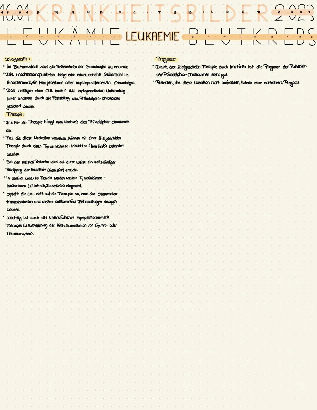 # 16.04 KRANKHEITSBILDER 2023
LEUKAMIE LEUKAEMIE BLUTKREBS

Definition:
*   Eine Leuhämie (,,Blutkrets") entsteht durch unhontrollierte Verm