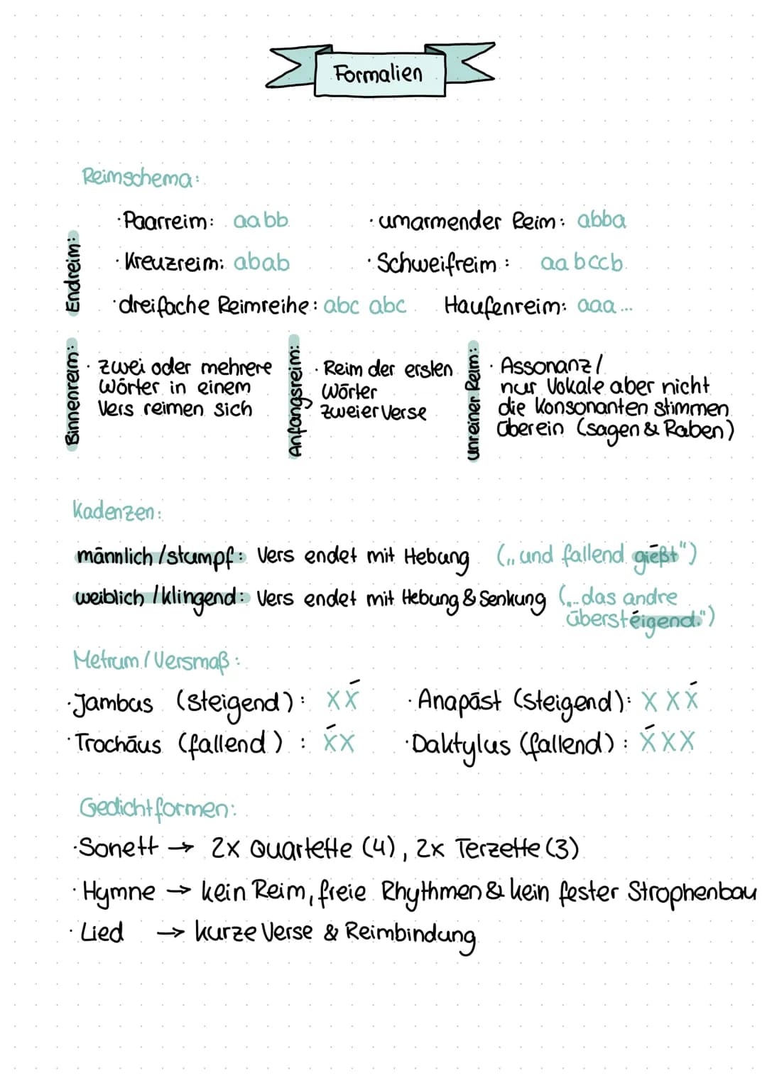 Endreim:
Binnenreim:
Reimschema:
• Paarreim: aa bb.
• umarmender Reim: abba
• Kreuzreim: abab
• Schweifreim: aa bccb.
dreifache Reimreihe: a