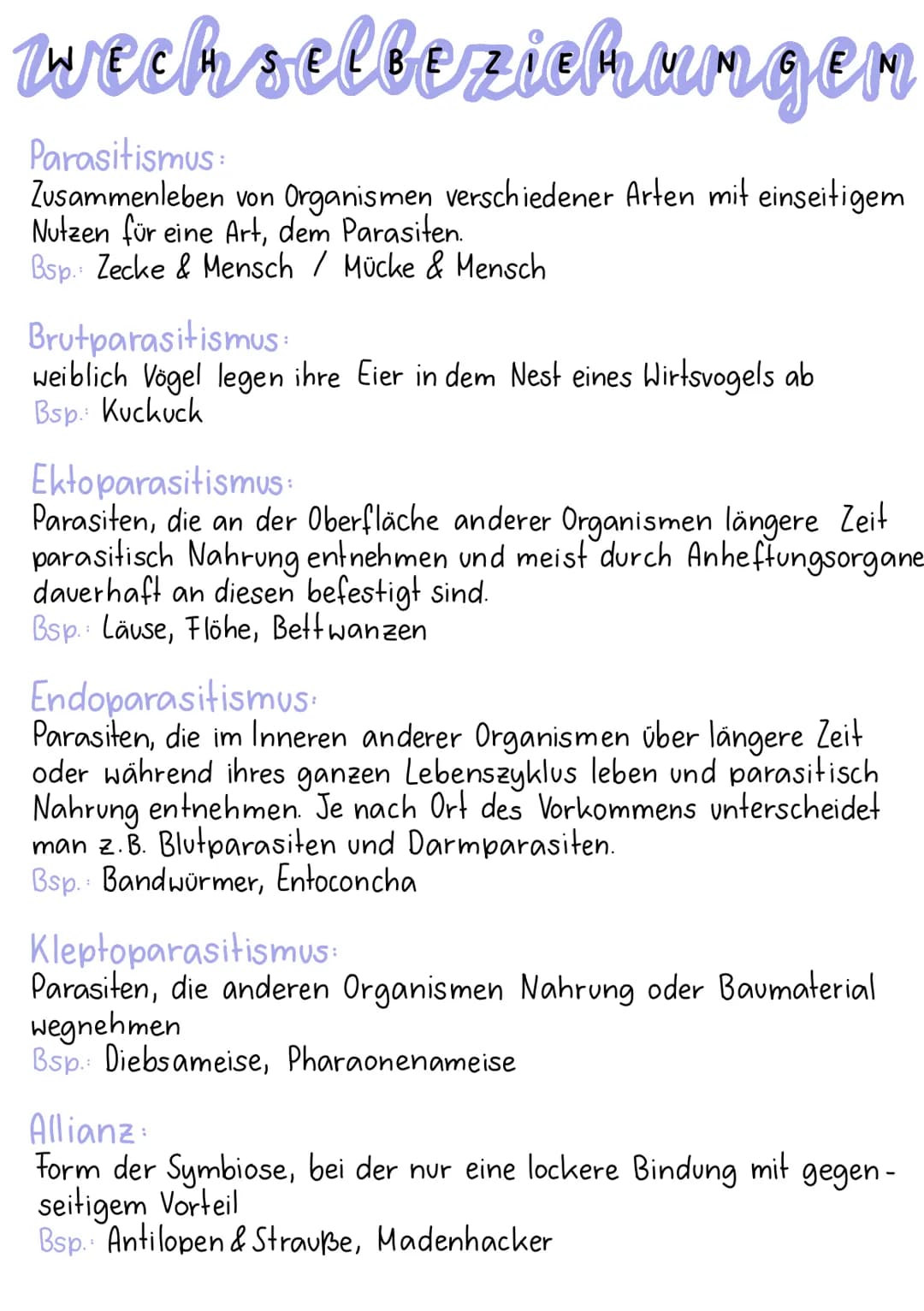 wechselbezichungen
Parasitismus:
Zusammenleben von Organismen verschiedener Arten mit einseitigem
Nutzen für eine Art, dem Parasiten.
Bsp. Z