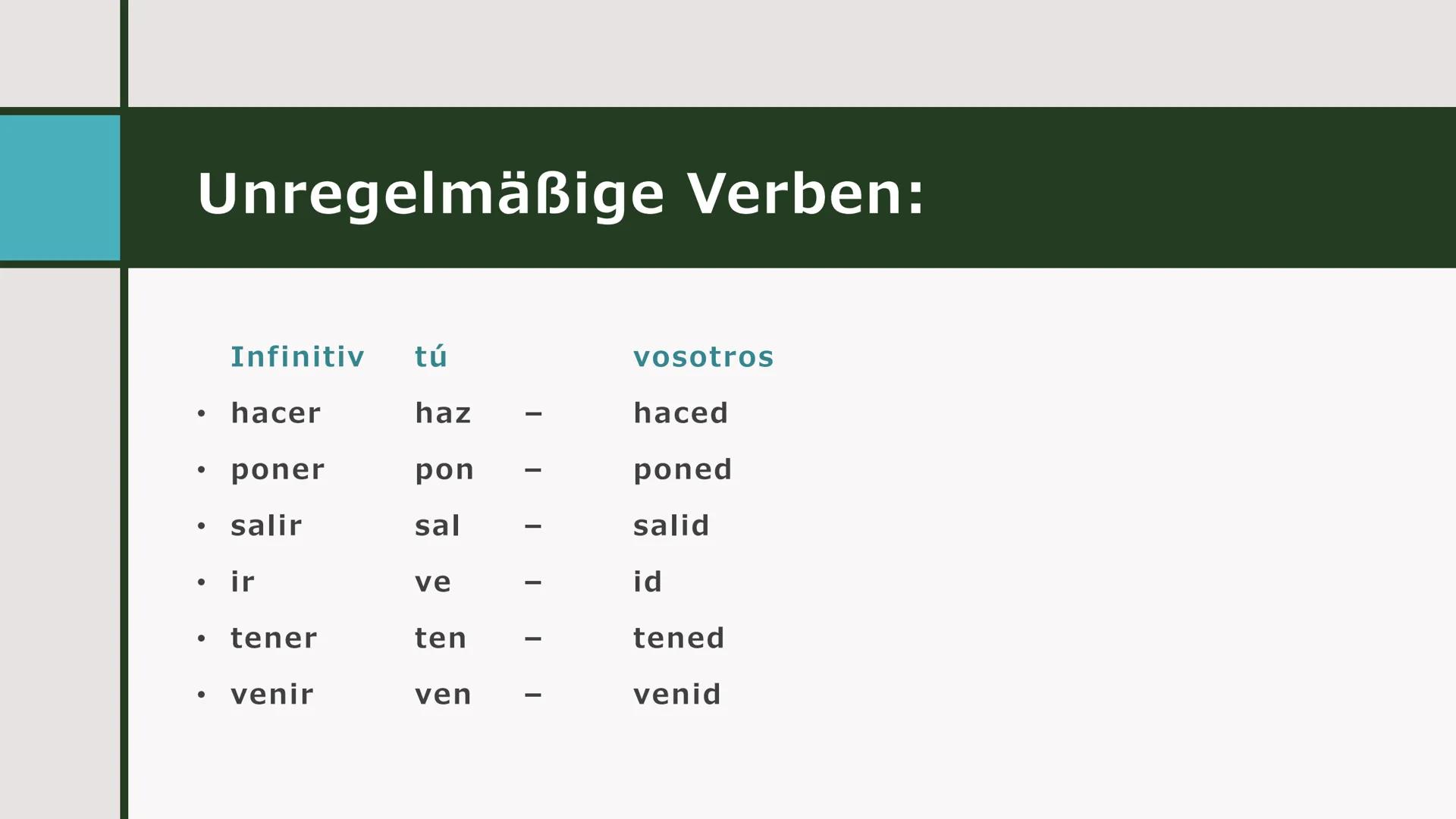 IMPERATIVO
Spanisch Verwendung:
Es wird benutzt um etwas zu befehlen!
¿HABLAS
ESPAÑOL?
o Das Imperativ wird im tú und im vosotros gebildet.
