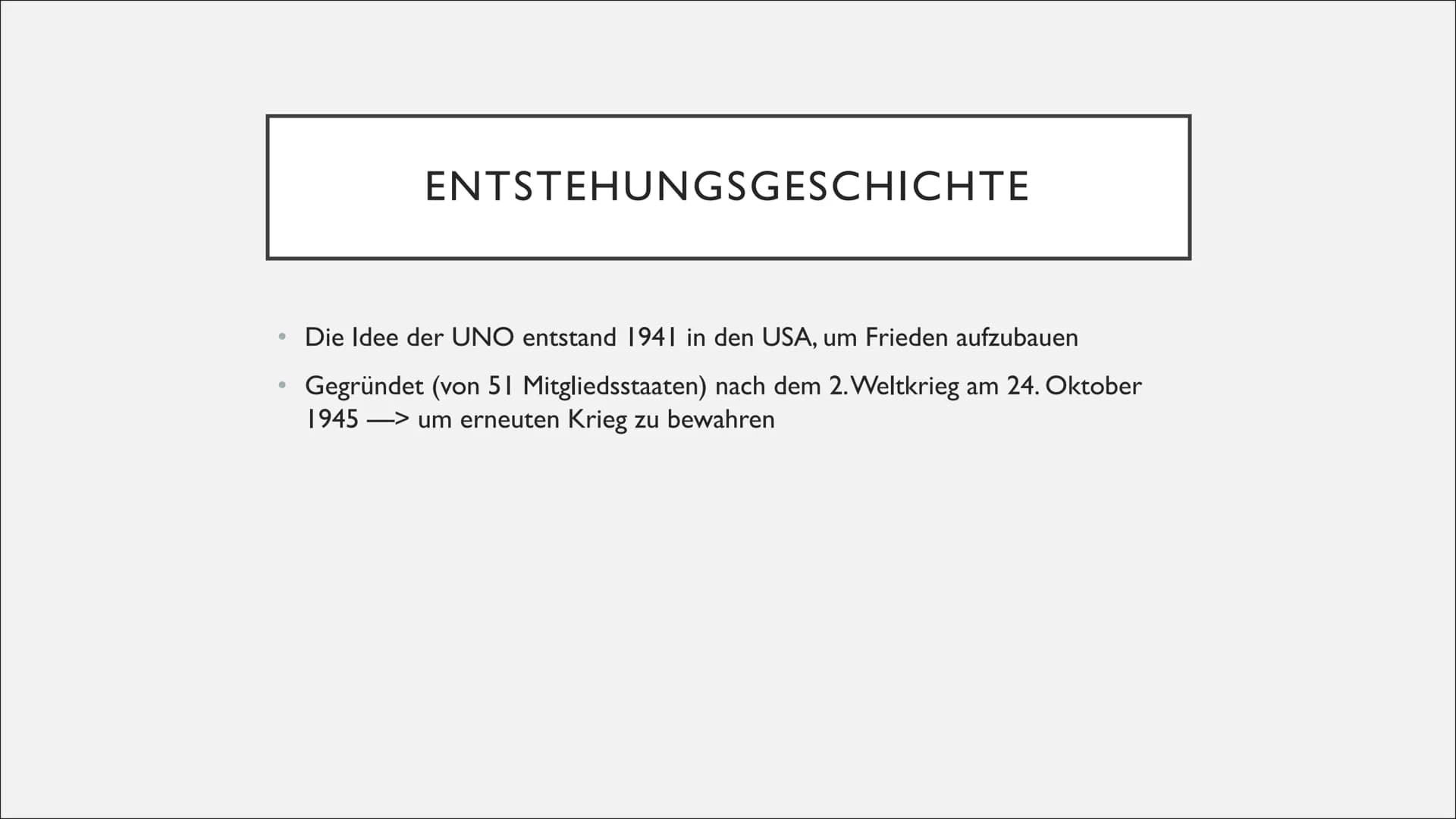 DIE VEREINTEN NATIONEN (UNO) INHALTSVERZEICHNIS
I. Was ist die UNO?
II. Die Entstehungsgeschichte
III. Aufgaben
IV. Die Organe der UNO
V. Ei
