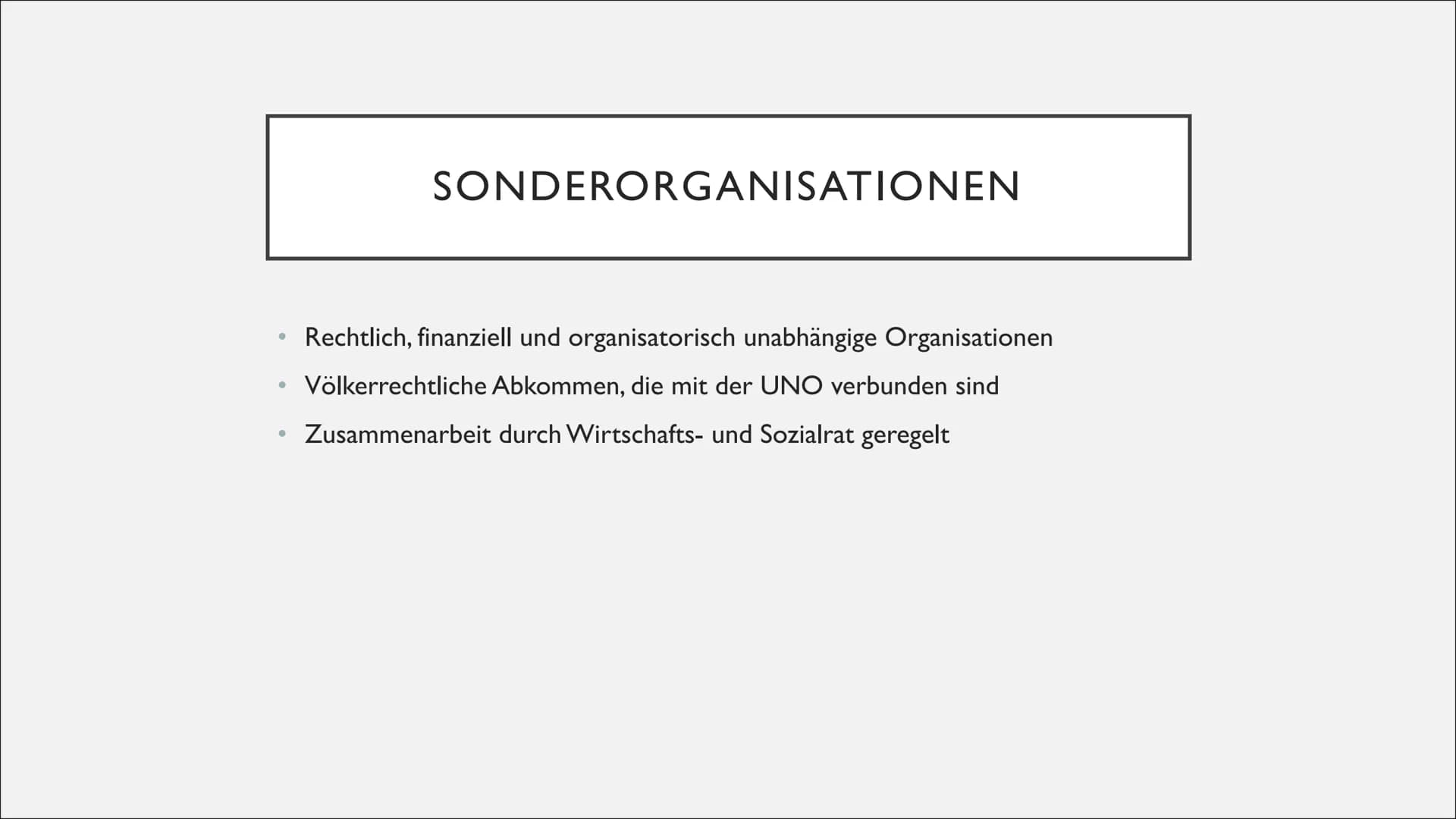 DIE VEREINTEN NATIONEN (UNO) INHALTSVERZEICHNIS
I. Was ist die UNO?
II. Die Entstehungsgeschichte
III. Aufgaben
IV. Die Organe der UNO
V. Ei