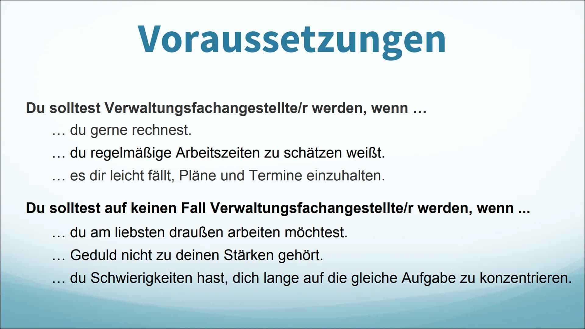 Verwaltungsfach-
angestellte -
-
-
Berufsbeschreibung
Beschäftigungen mit Genehmigungen
beraten Bürger und Organisationen
berechnen Beiträge