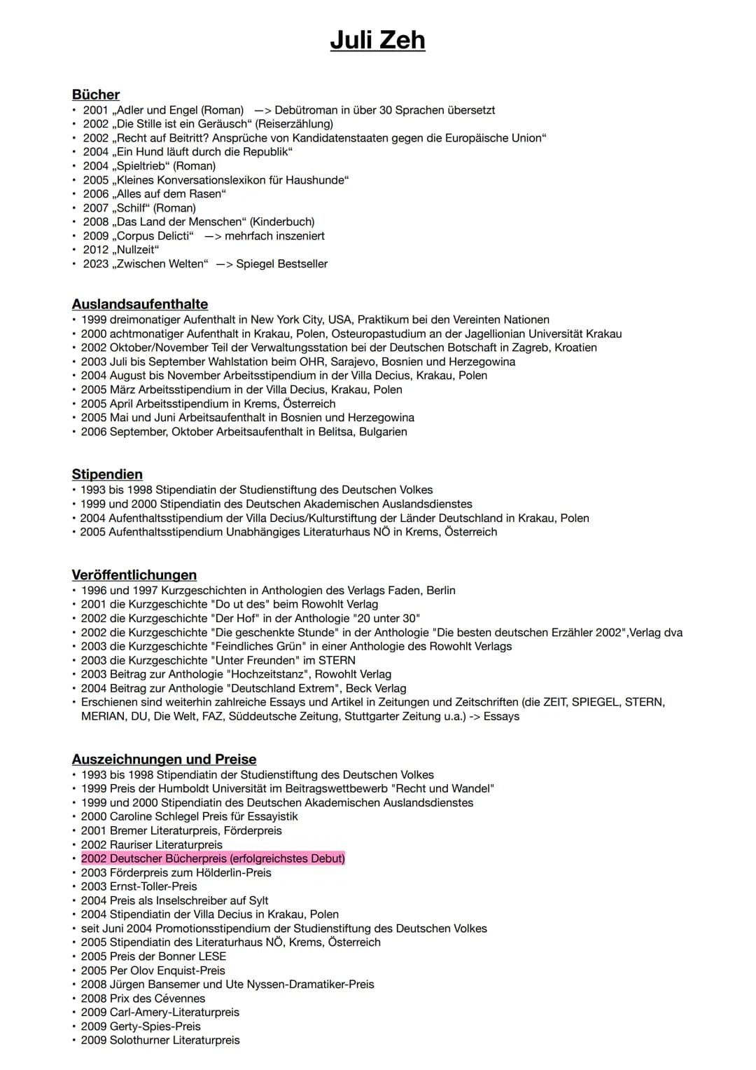 Juli Zeh
,,Ich bin eine gut bezahlte Arbeitslose."
Name: Juli Zeh
Bürgerlicher Name: Julia Barbara Finck
• Beruf: deutsche Autorin, Juristin