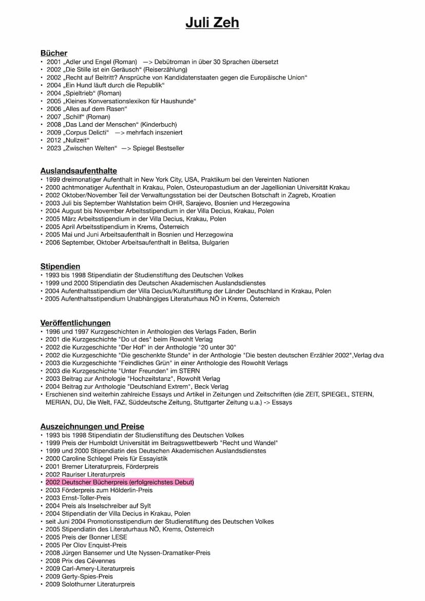 Juli Zeh
,,Ich bin eine gut bezahlte Arbeitslose."
Name: Juli Zeh
Bürgerlicher Name: Julia Barbara Finck
• Beruf: deutsche Autorin, Juristin
