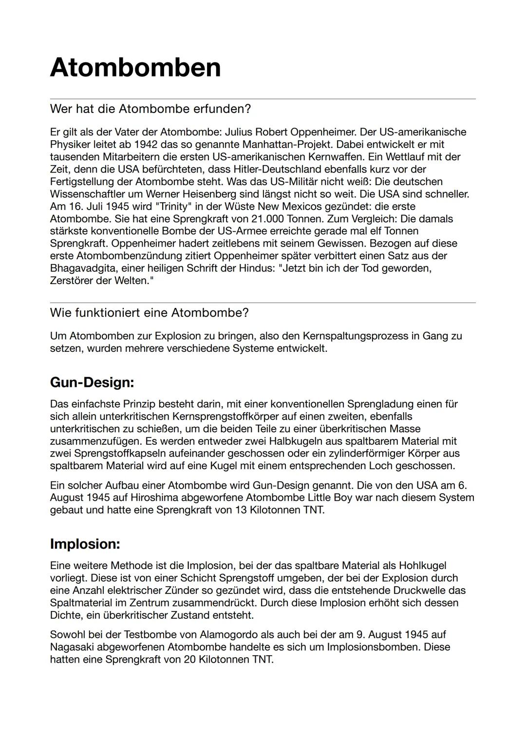 Atombomben
Wer hat die Atombombe erfunden?
Er gilt als der Vater der Atombombe: Julius Robert Oppenheimer. Der US-amerikanische
Physiker lei