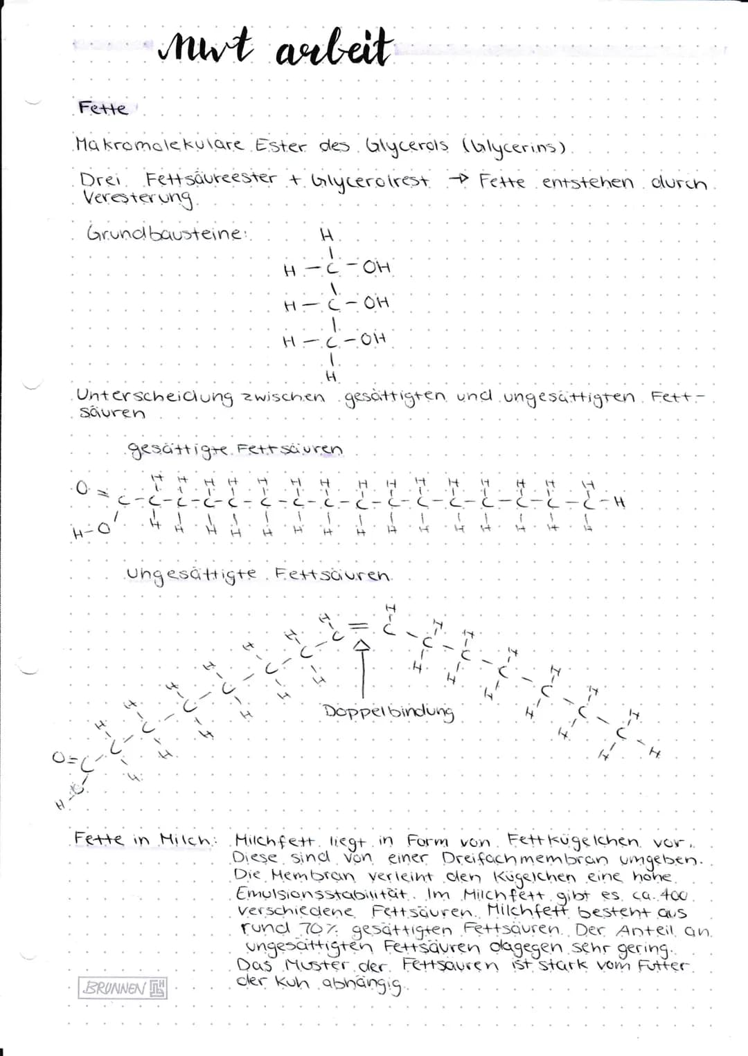 H
Fette
Makromolekulare Ester des Glycerols (blycerins).
Drei Fettsäureester + Glycerolrest →→ Fette entstehen durch
Veresterung.
Grundbaust
