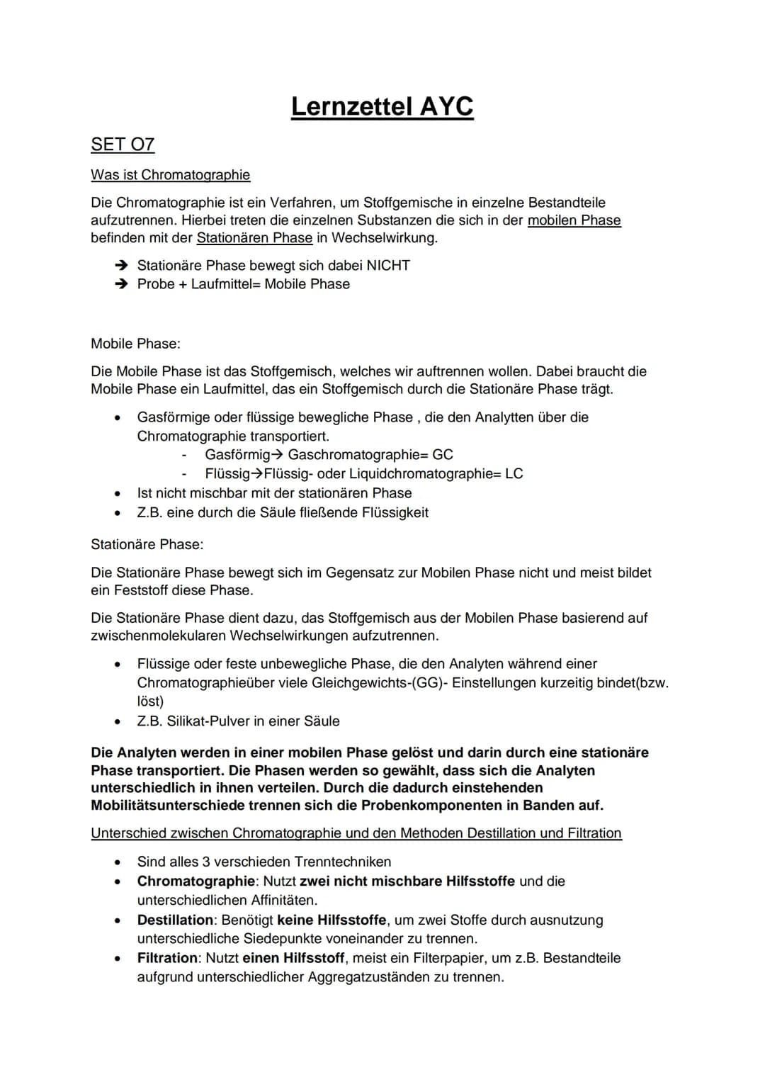 SET 07
Was ist Chromatographie
Die Chromatographie ist ein Verfahren, um Stoffgemische in einzelne Bestandteile
aufzutrennen. Hierbei treten