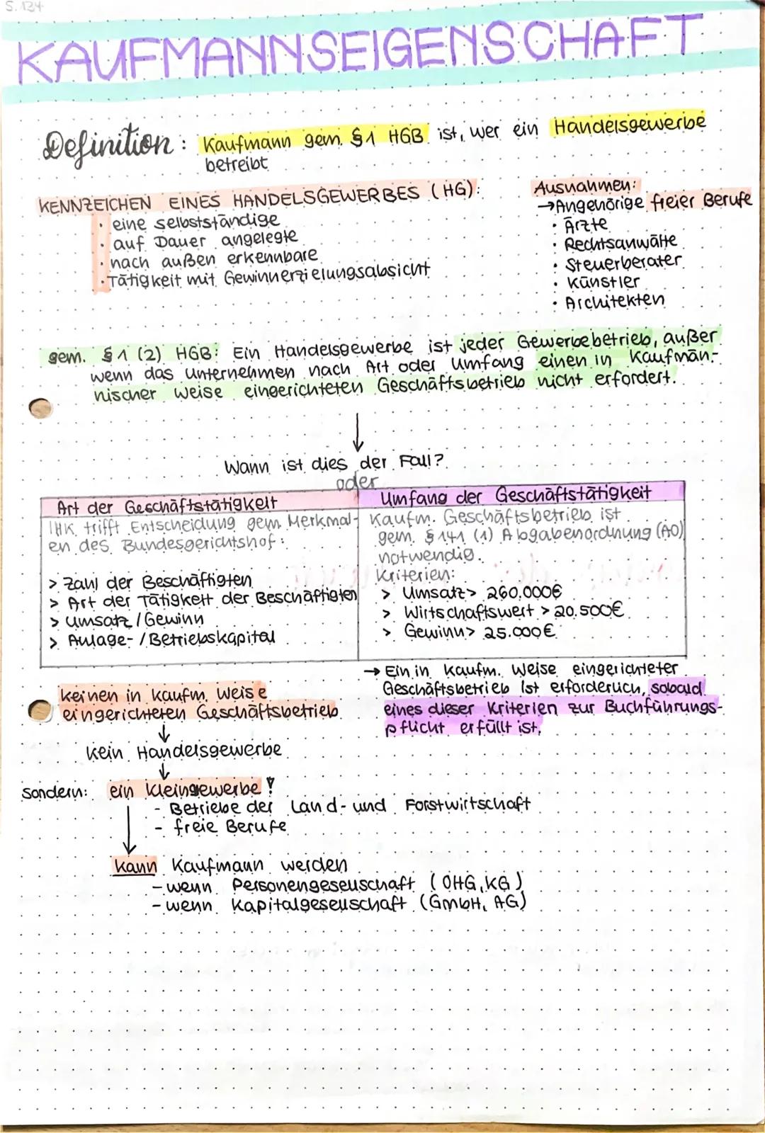 S. 124
KAUFMANNSEIGENSCHAFT
Definition: Kaufmann gem $1 HGB ist, wer ein Handelsgewerbe
betreibt
KENNZEICHEN EINES HANDELSGEWERBES (HG):
.
e
