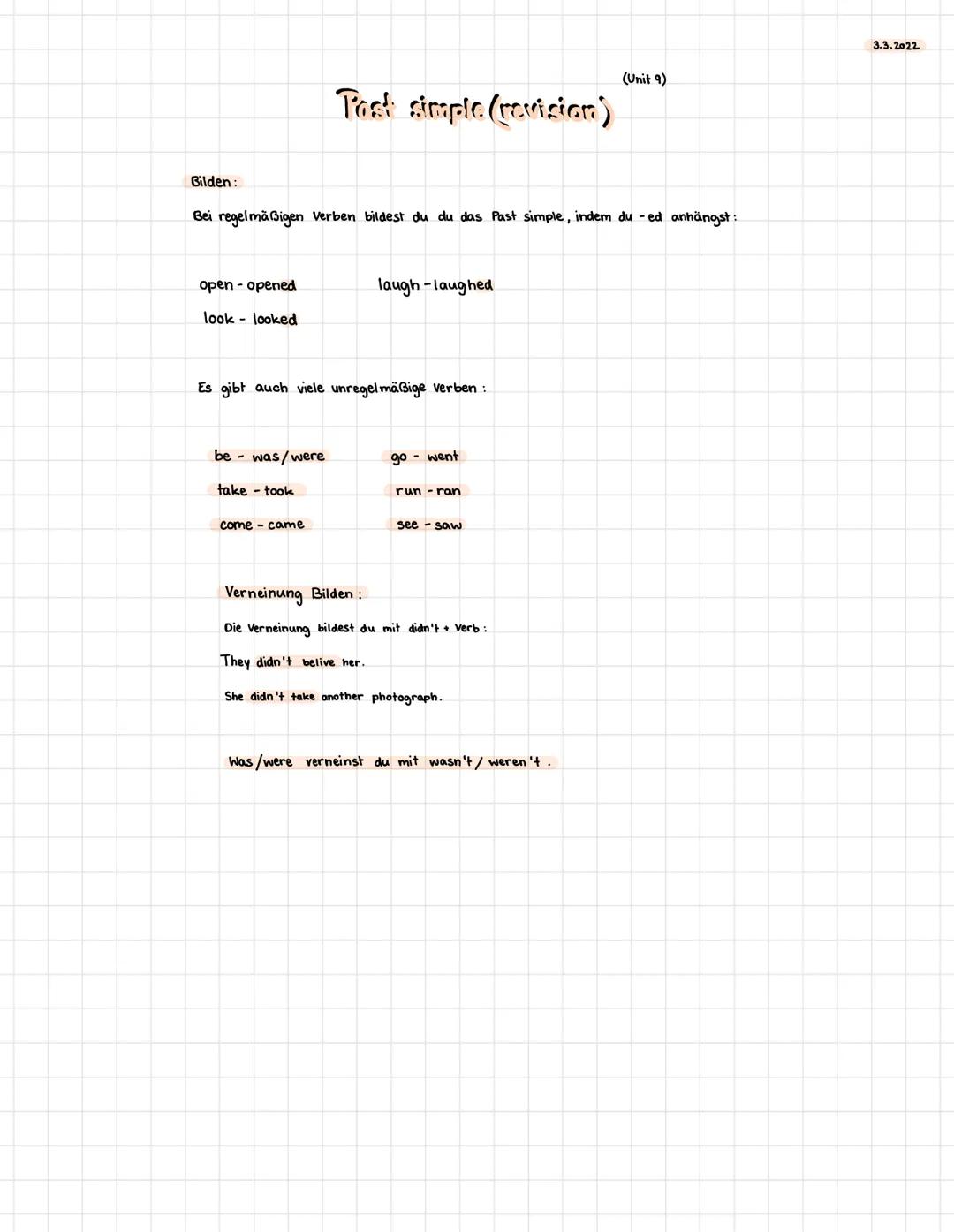 Post simple (revision)
3.3.2022
(Unit 9)

Bilden:
Bei regelmäßigen Verben bildest du du das Past simple, indem du -ed anhängst:

open - open