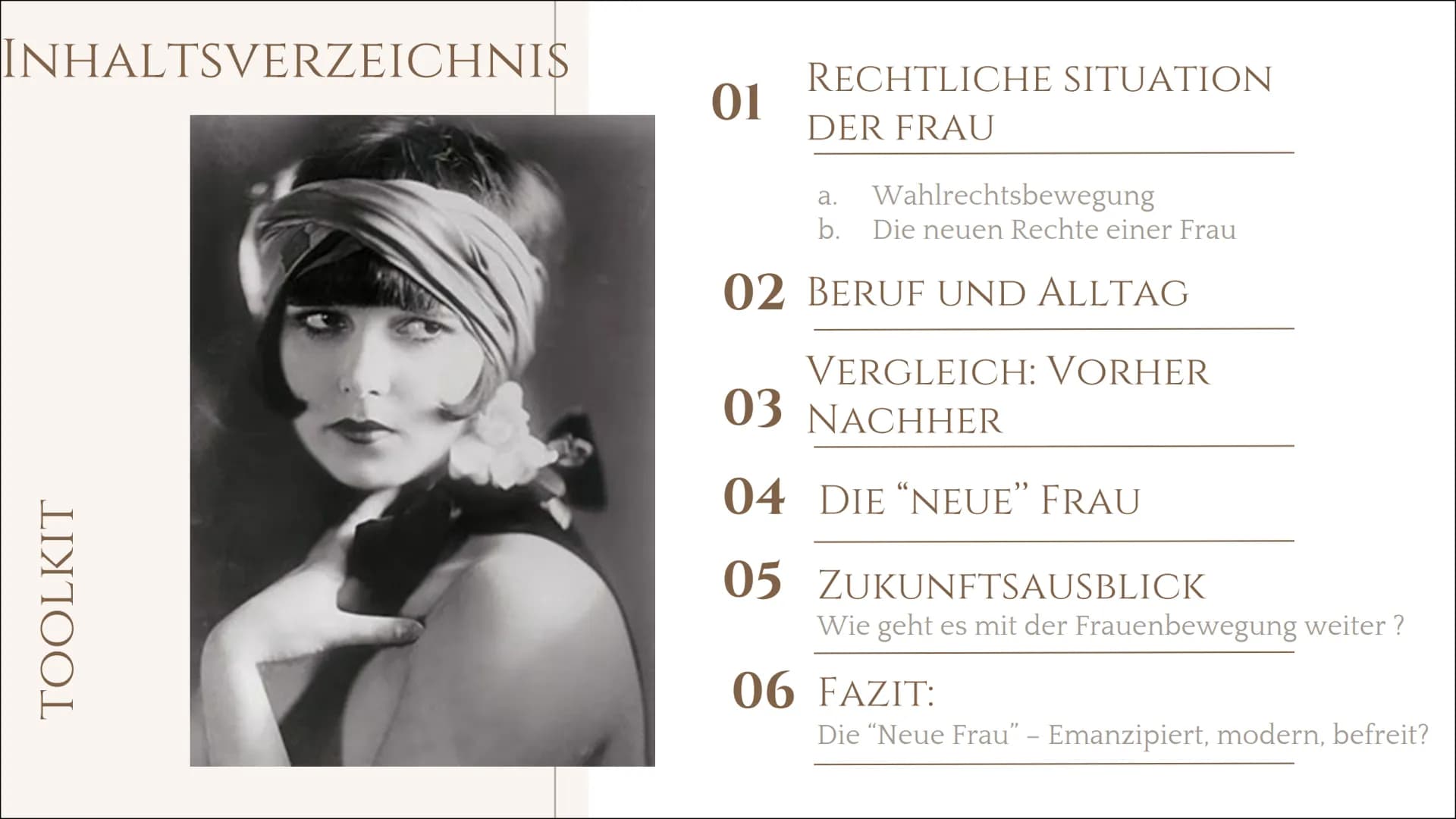 FRAUEN IN DER
WEIMARER
REPUBLIK
Von Giulio & Marinela
C
freer
designed by freepik INHALTSVERZEICHNIS
TOOLKIT
01
RECHTLICHE SITUATION
DER FRA