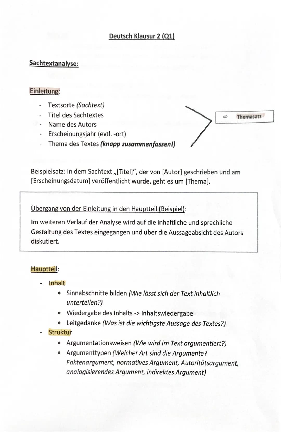 Sachtextanalyse:
Einleitung:
Textsorte (Sachtext)
Titel des Sachtextes
Name des Autors
Erscheinungsjahr (evtl. -ort)
Thema des Textes (knapp
