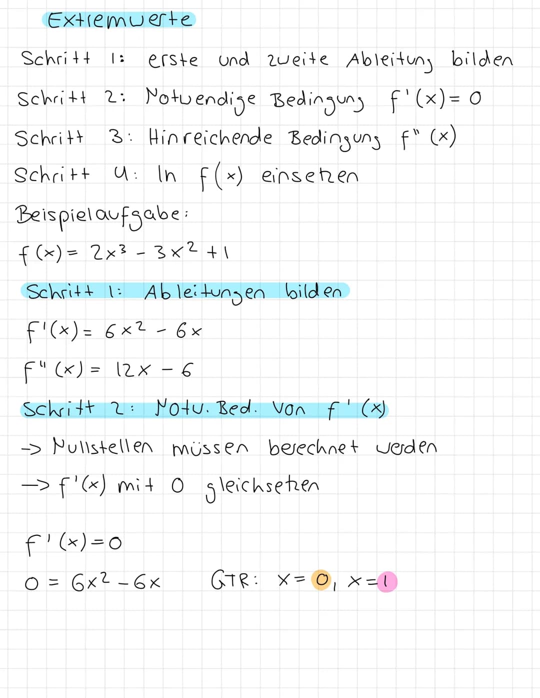 Extremuerte
Schritt
erste und zweite Ableitung bilden
Schritt 2: Notwendige Bedingung f'(x) = 0
Schritt 3: Hinreichende Bedingung f" (x)
Sch