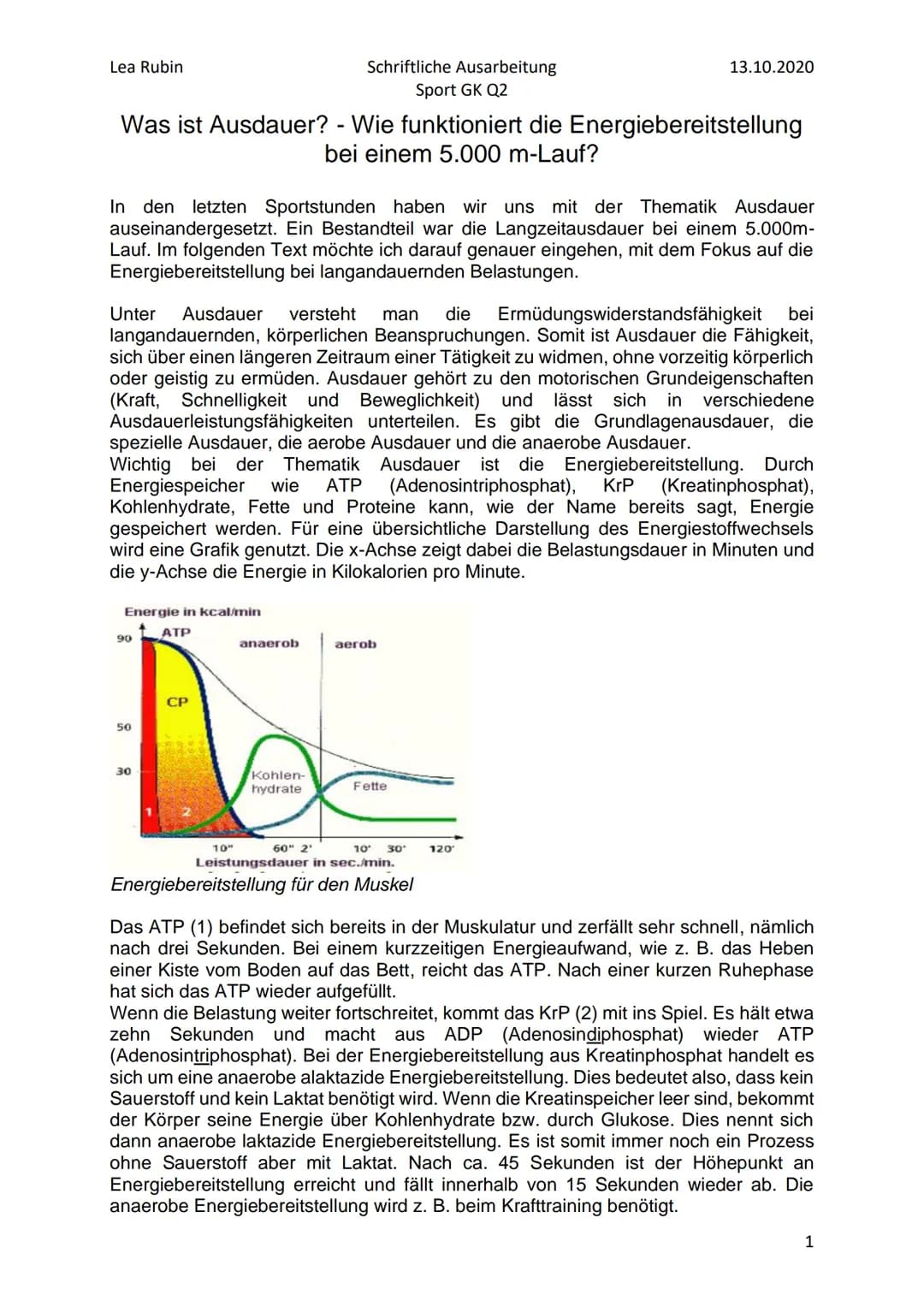 Lea Rubin
Was ist Ausdauer? - Wie funktioniert die Energiebereitstellung
bei einem 5.000 m-Lauf?
In den letzten Sportstunden haben wir uns m