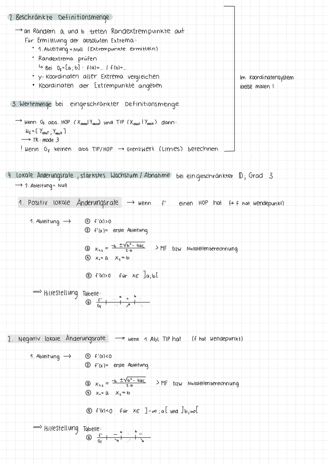 2. Beschränkte Definitionsmenge
→an Rändern a und b treten Randextrempunkte auf
Für Ermittlung der absoluten Extrema.
1. Ableitung = Null (E