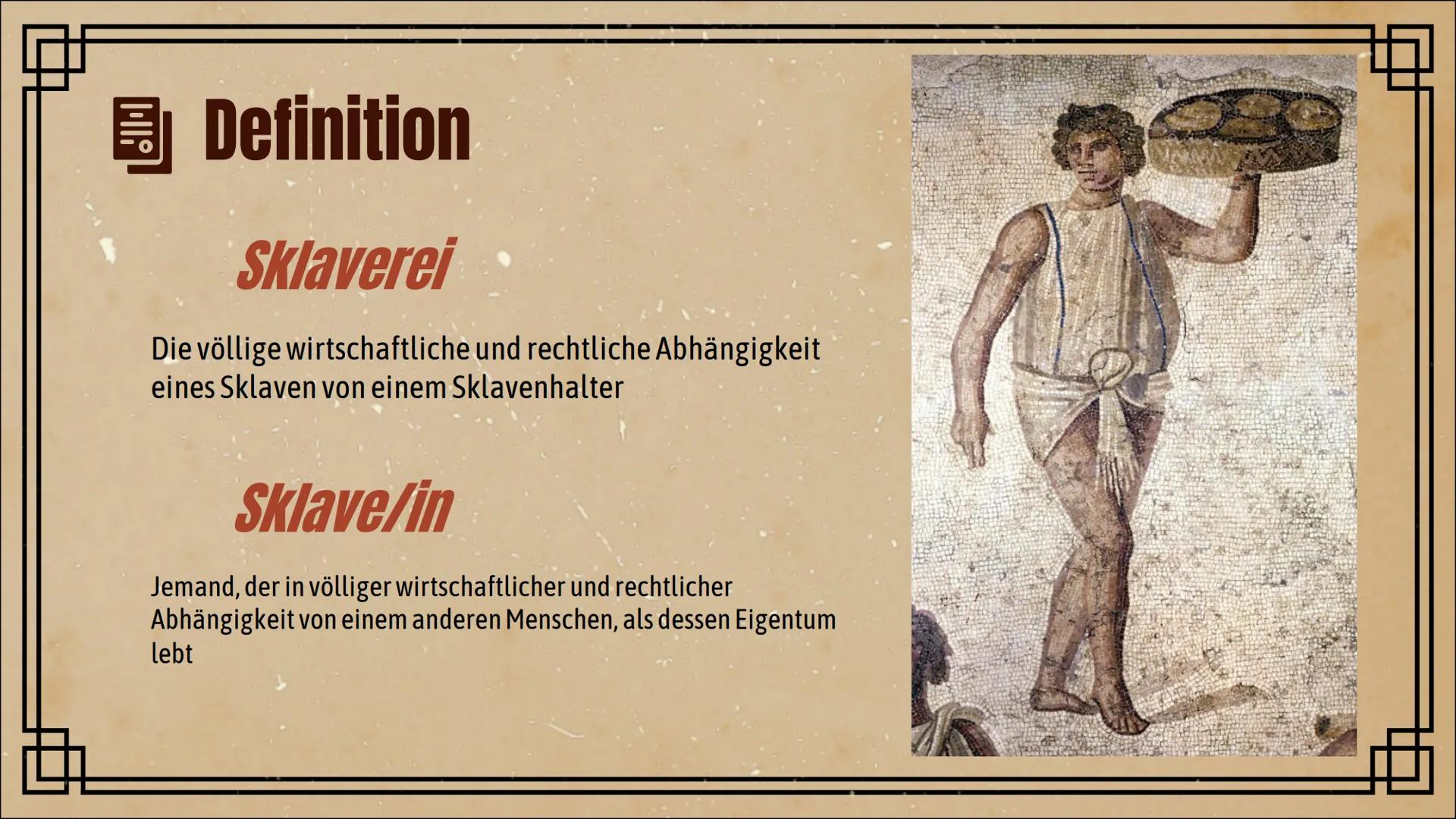 # Sklaverei

in der Antike # Gliederung

I. Definition von Sklaverei

II. Kleidung

III. Rechte

IV. Sklavenmarkt

V. Wege in die Sklaverei
