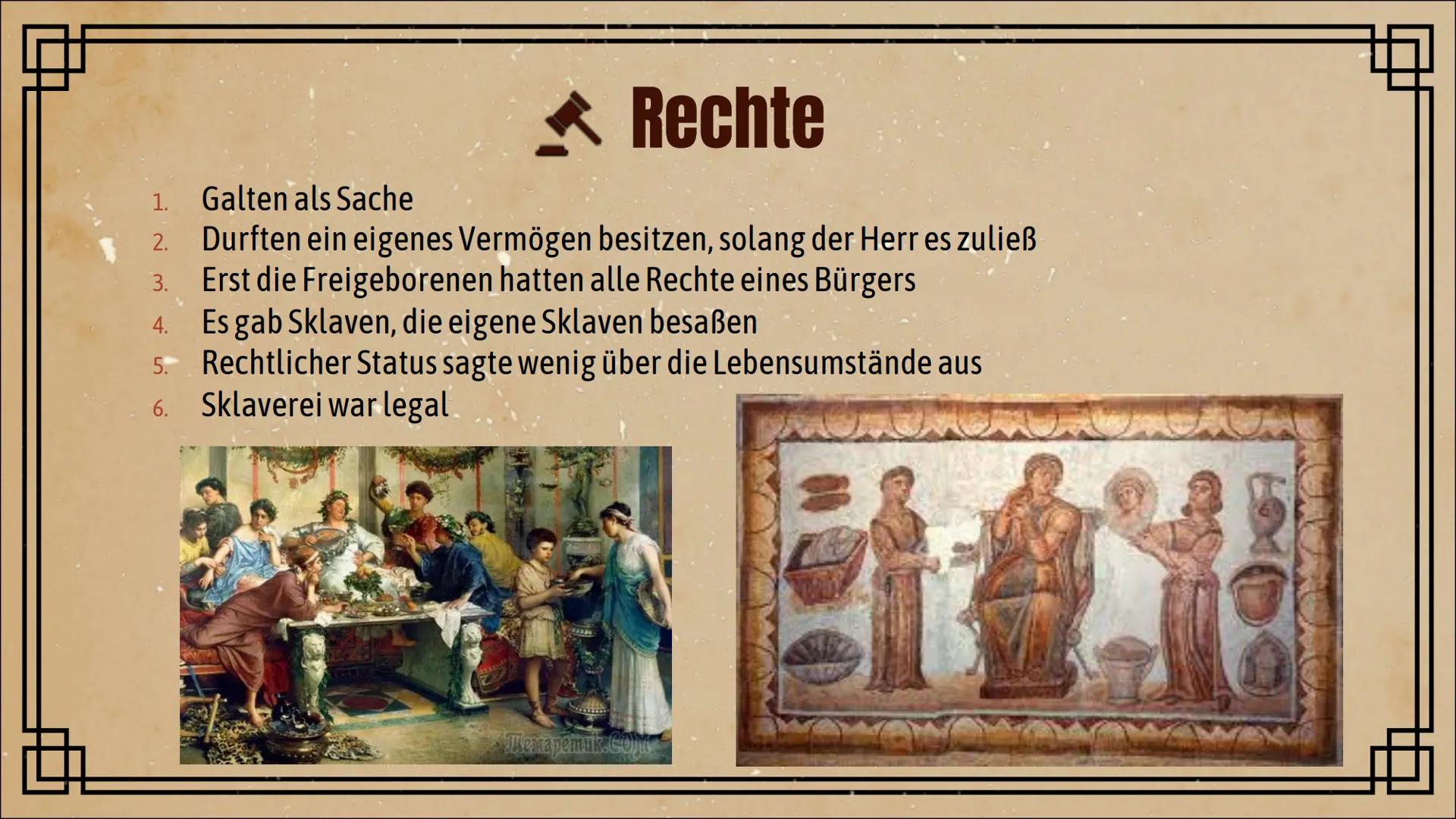 # Sklaverei

in der Antike # Gliederung

I. Definition von Sklaverei

II. Kleidung

III. Rechte

IV. Sklavenmarkt

V. Wege in die Sklaverei
