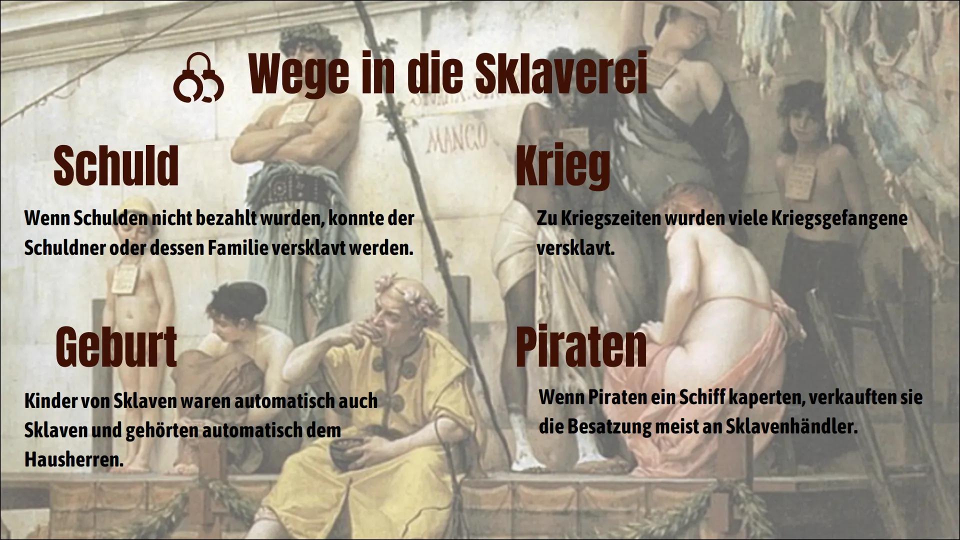 # Sklaverei

in der Antike # Gliederung

I. Definition von Sklaverei

II. Kleidung

III. Rechte

IV. Sklavenmarkt

V. Wege in die Sklaverei

