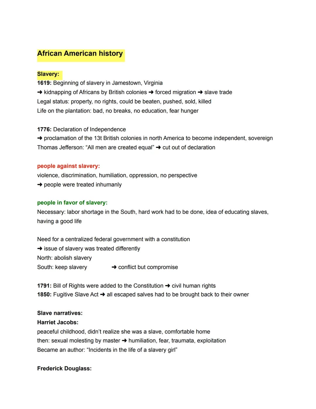 African American history
Slavery:
1619: Beginning of slavery in Jamestown, Virginia
→ kidnapping of Africans by British colonies forced migr