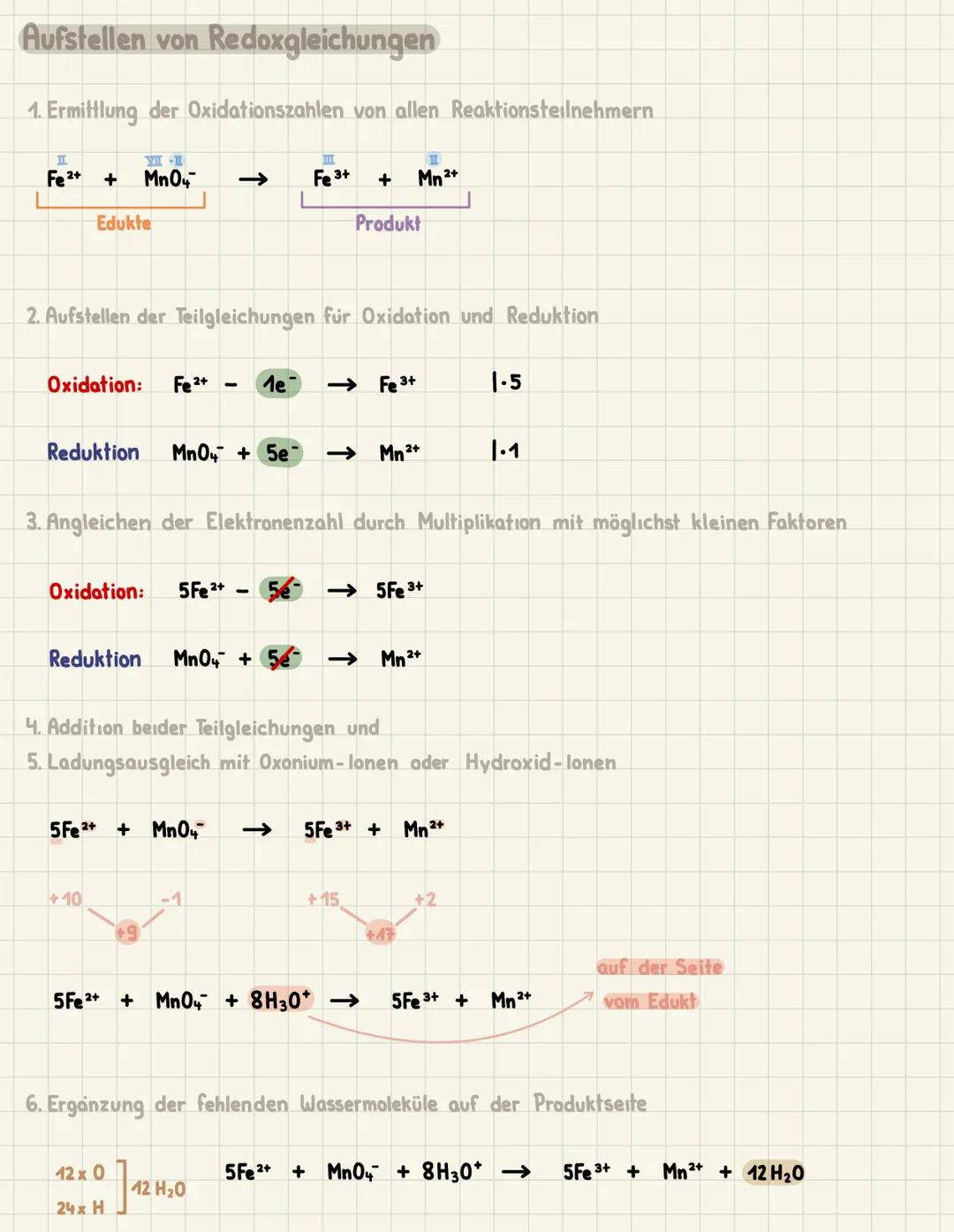 Aufstellen von Redoxgleichungen
1. Ermittlung der Oxidationszahlen von allen Reaktionsteilnehmern
I
Fe²+ +
L
VII -I
MnO4
Edukte
Oxidation: F