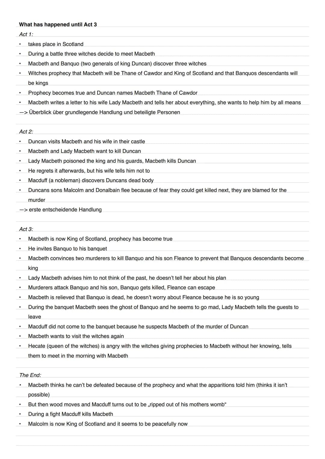 Lernzettel für Klausur zu Macbeth Act 1-3 wichtigste Szenen und Personen