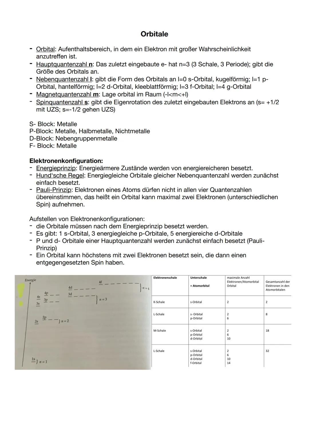 # Orbitale

- Orbital: Aufenthaltsbereich, in dem ein Elektron mit großer Wahrscheinlichkeit
anzutreffen ist.
- Hauptquantenzahl n: Das zule